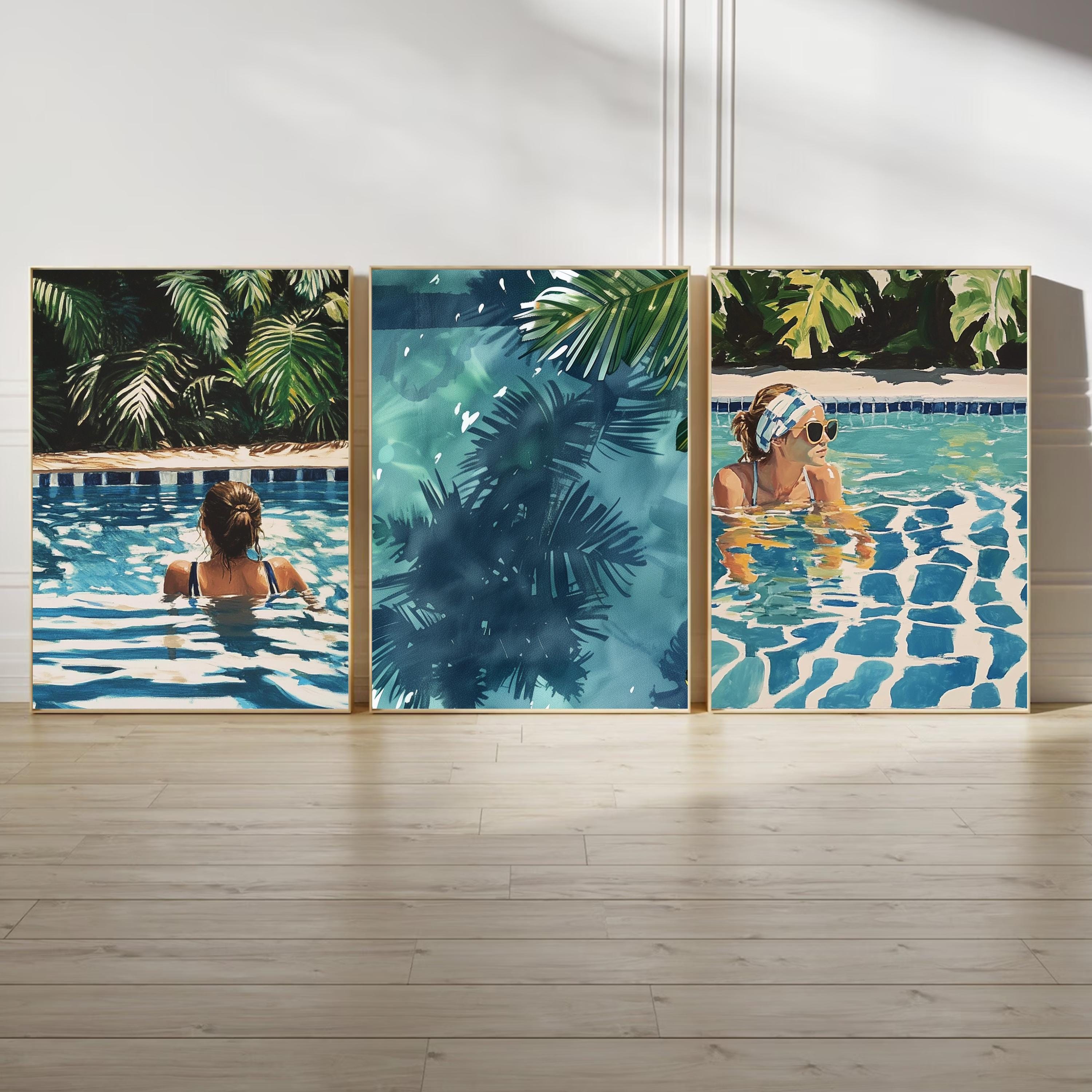 Swimming Pool Art Set of 3 | Tranquil Pool Painting with Women reflecting Water | Palm Springs inspired Watercolor Painting made into Prints