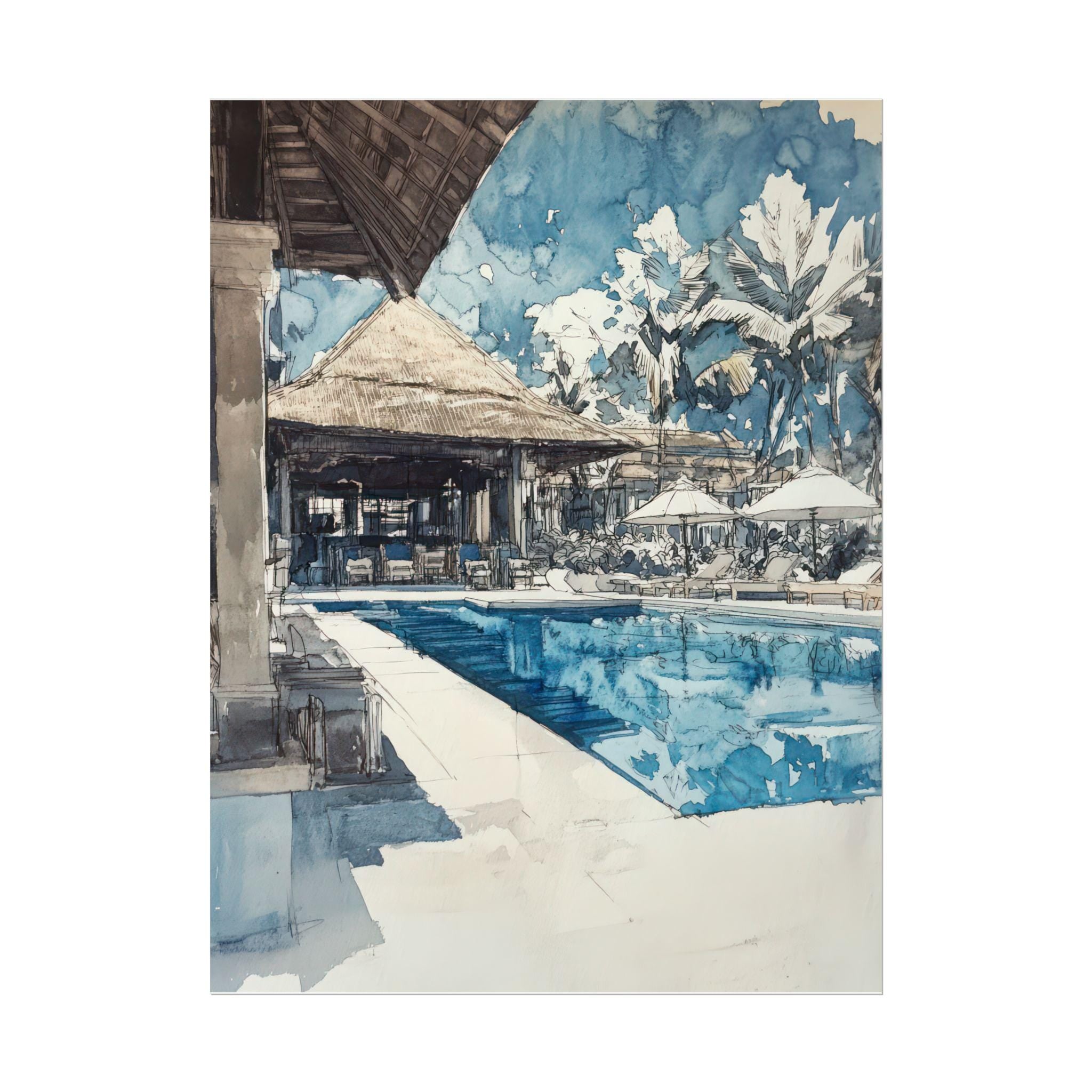 Hand-Sketched Poolside Relaxation Scene | Unfinished Pencil Sketch | Abstract Simple Art| Tranquil Travel-Inspired Art for Home Décor