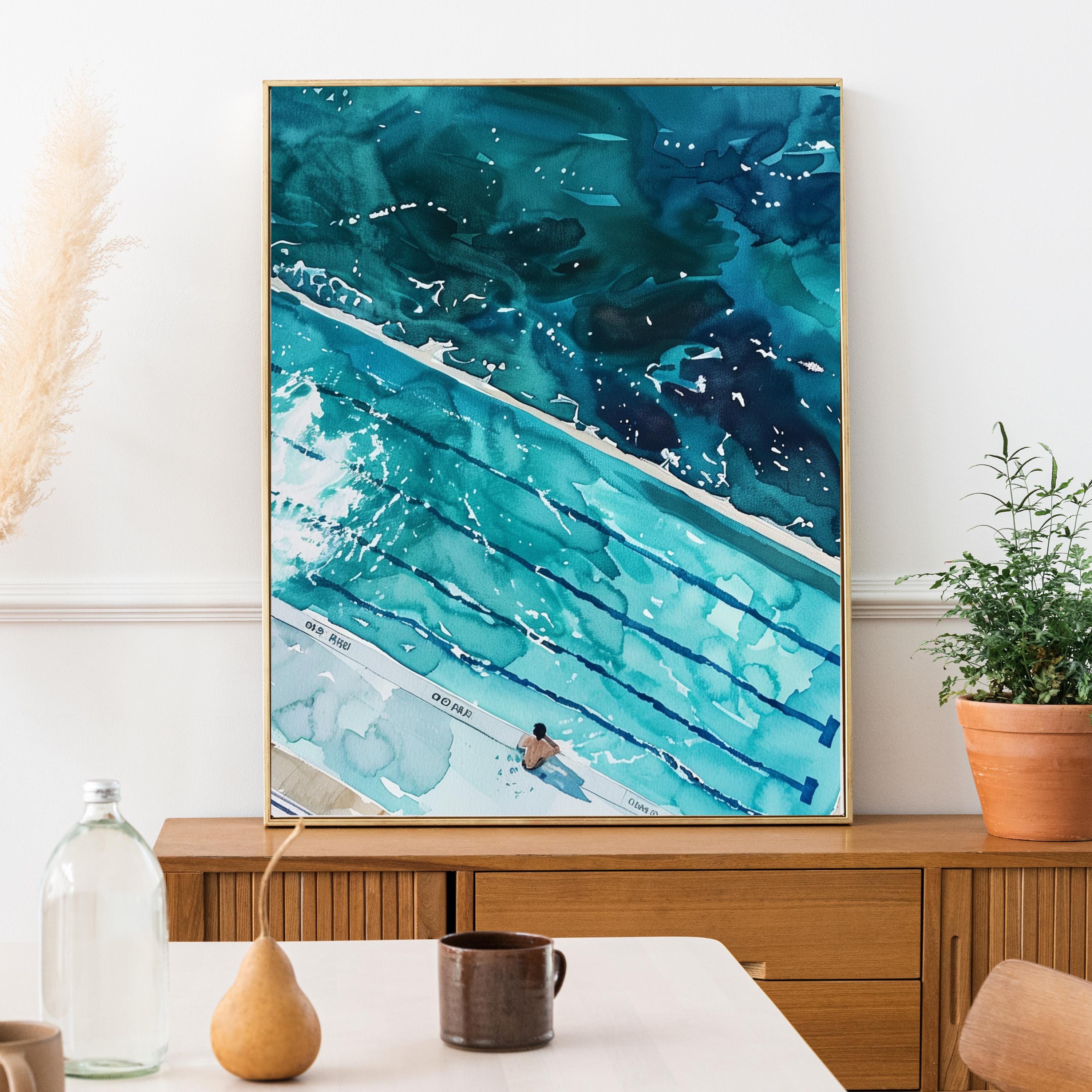 Icebergs Bondi Print – Aerial Watercolor Ocean Pool Artwork | Coastal Wall Art