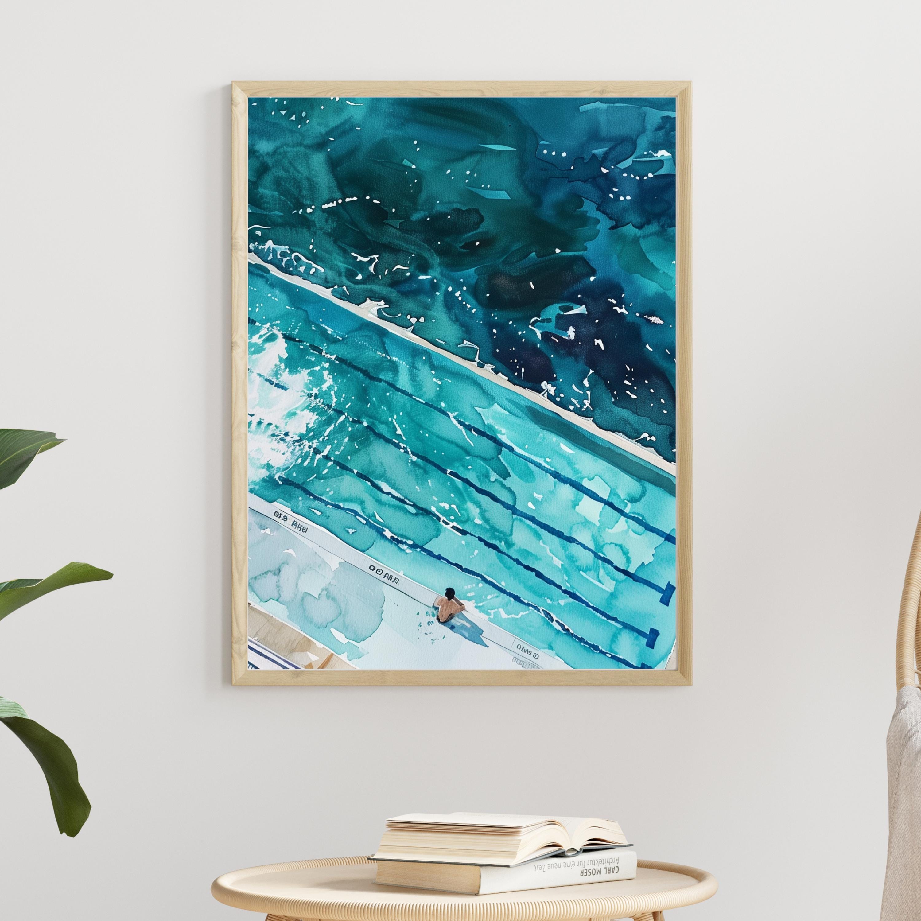 Icebergs Bondi Print – Aerial Watercolor Ocean Pool Artwork | Coastal Wall Art