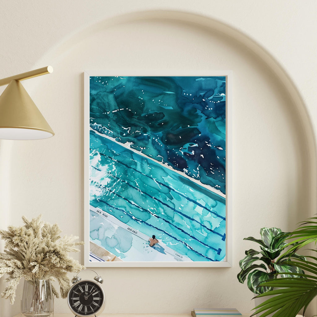 Icebergs Bondi Print – Aerial Watercolor Ocean Pool Artwork | Coastal Wall Art