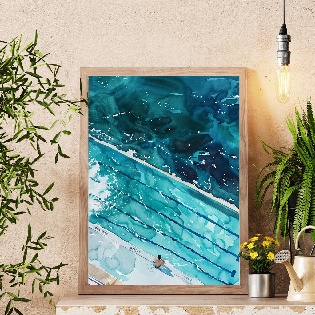 Icebergs Bondi Print – Aerial Watercolor Ocean Pool Artwork | Coastal Wall Art