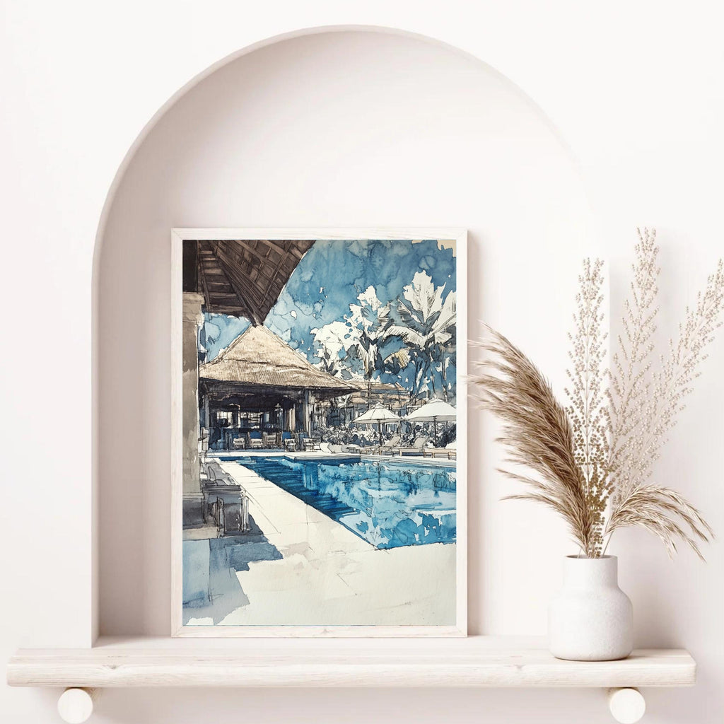 Hand-Sketched Poolside Relaxation Scene | Unfinished Pencil Sketch | Abstract Simple Art| Tranquil Travel-Inspired Art for Home Décor