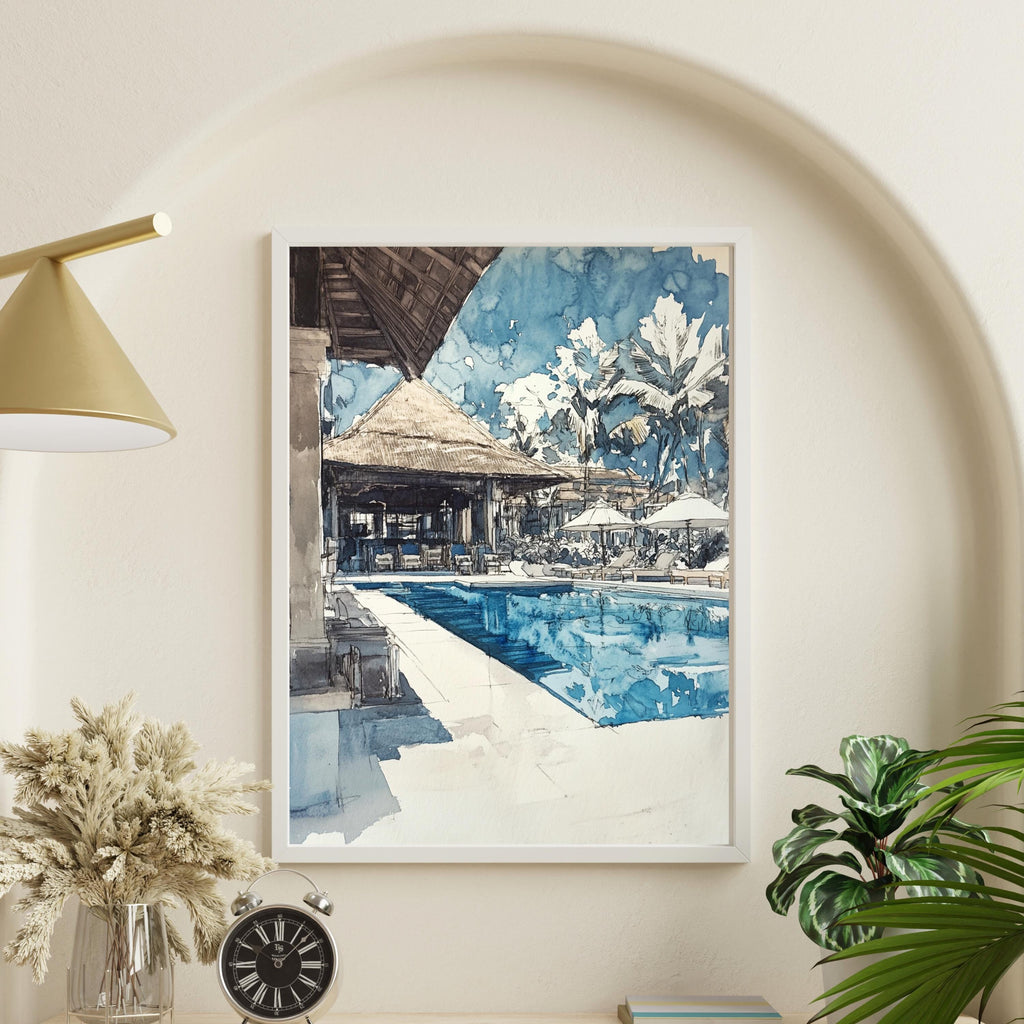 Hand-Sketched Poolside Relaxation Scene | Unfinished Pencil Sketch | Abstract Simple Art| Tranquil Travel-Inspired Art for Home Décor