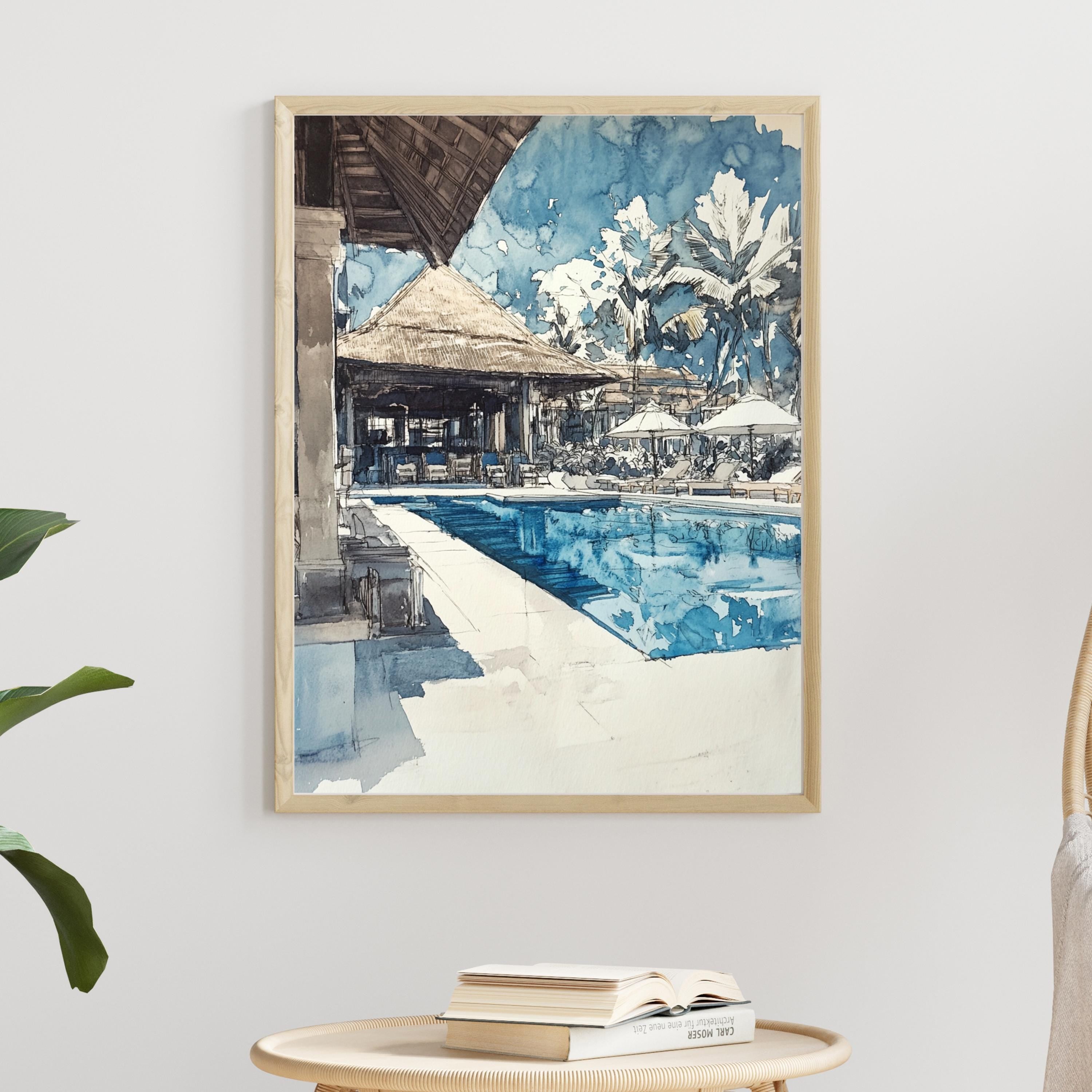 Hand-Sketched Poolside Relaxation Scene | Unfinished Pencil Sketch | Abstract Simple Art| Tranquil Travel-Inspired Art for Home Décor