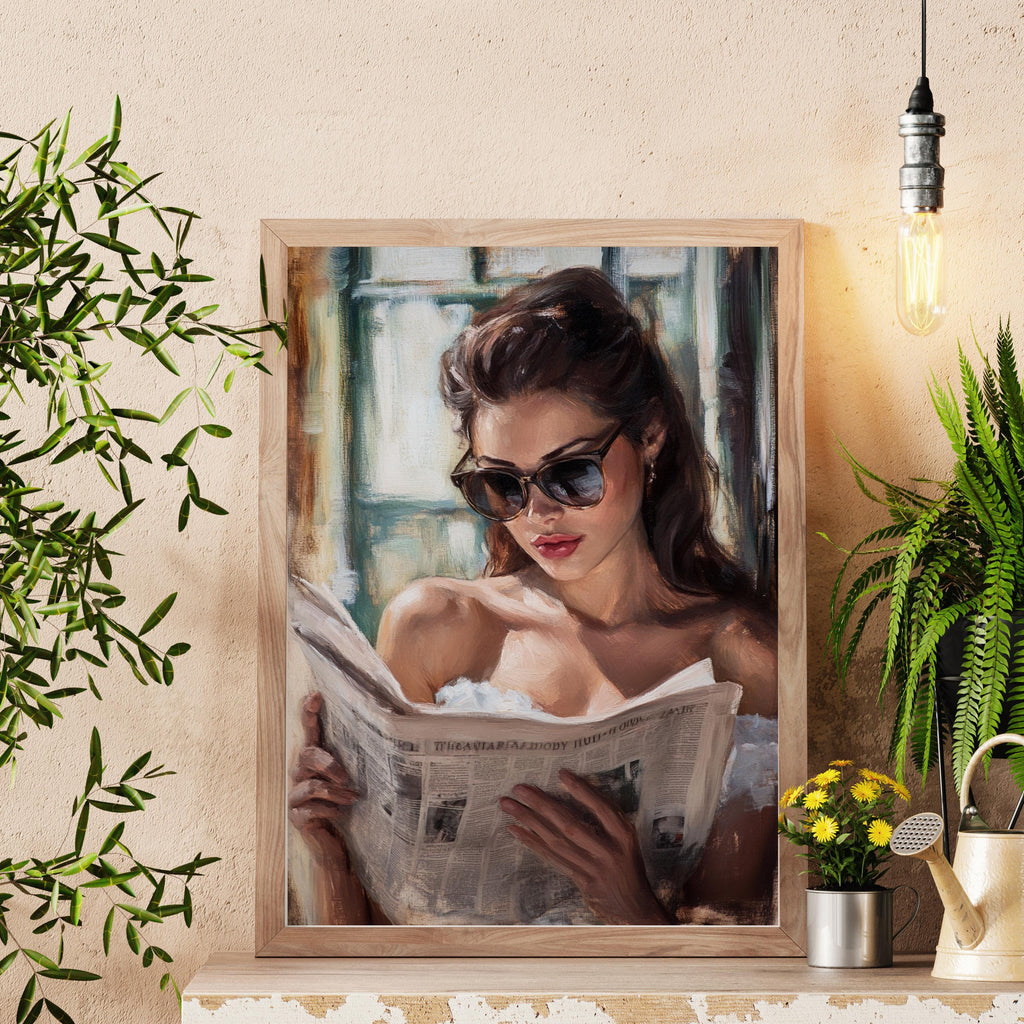 Vintage Oil Painting Print – Elegant Woman Reading Newspaper – 50s Inspired Wall Art, Feminine Retro Decor, Classic Glamour Portrait
