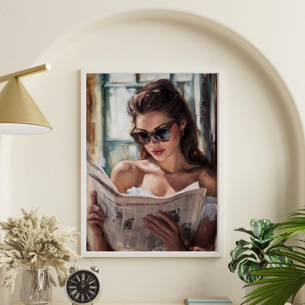 Vintage Oil Painting Print – Elegant Woman Reading Newspaper – 50s Inspired Wall Art, Feminine Retro Decor, Classic Glamour Portrait