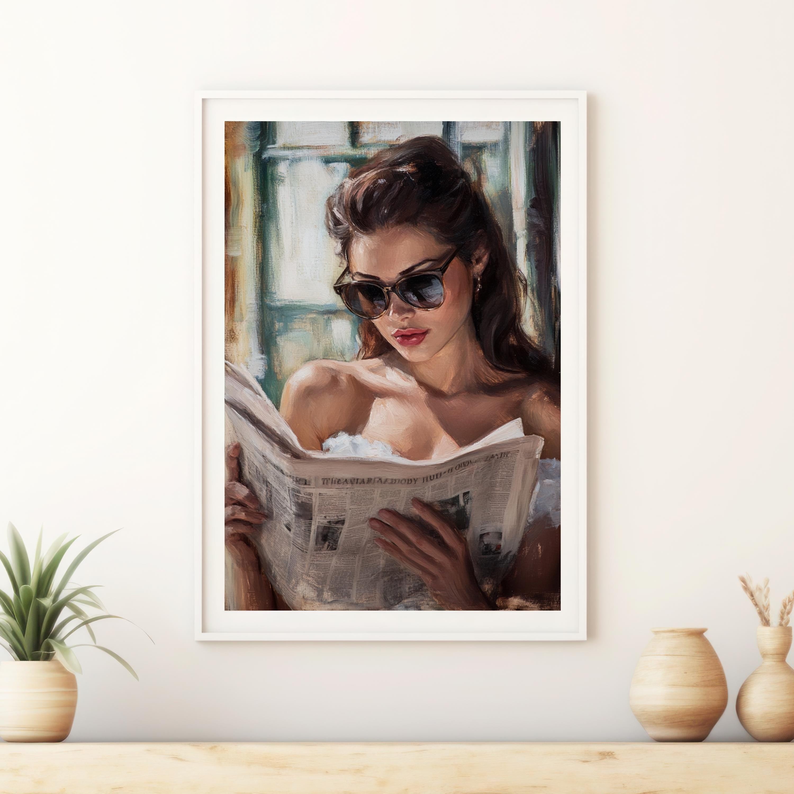 Vintage Oil Painting Print – Elegant Woman Reading Newspaper – 50s Inspired Wall Art, Feminine Retro Decor, Classic Glamour Portrait
