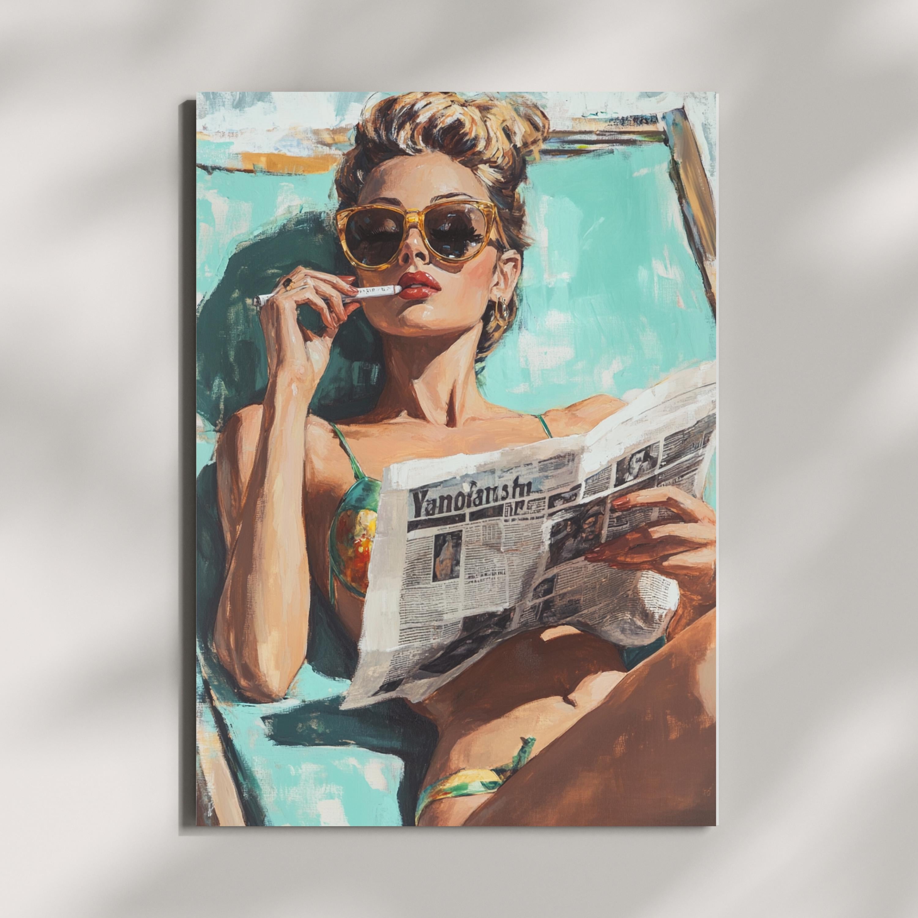 Retro Beach Babe Art Print – 50s Inspired Glamour Woman Reading Newspaper – Vintage Poolside Wall Art, Bold Feminine Decor