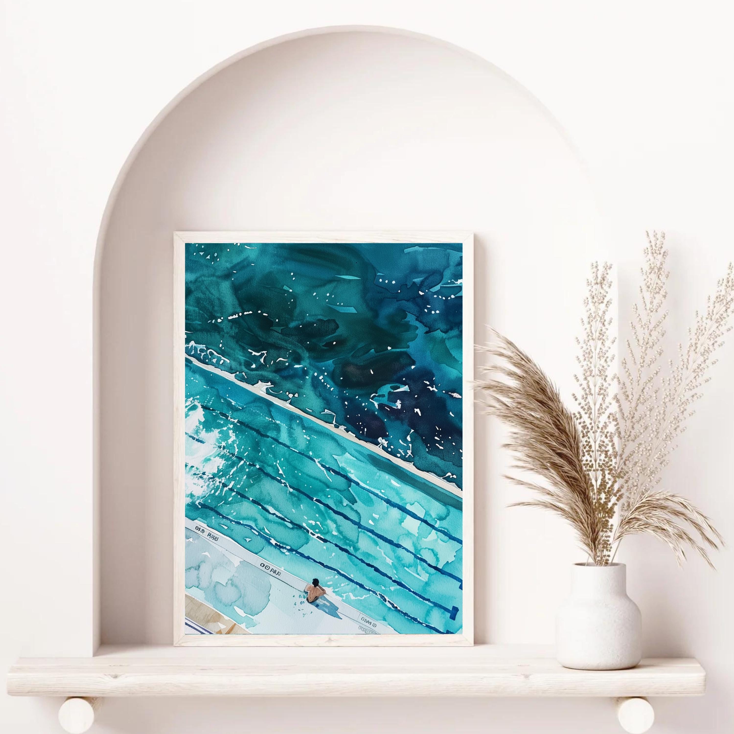 Icebergs Bondi Print – Aerial Watercolor Ocean Pool Artwork | Coastal Wall Art