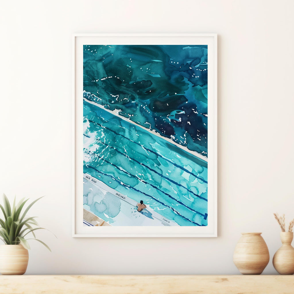 Icebergs Bondi Print – Aerial Watercolor Ocean Pool Artwork | Coastal Wall Art