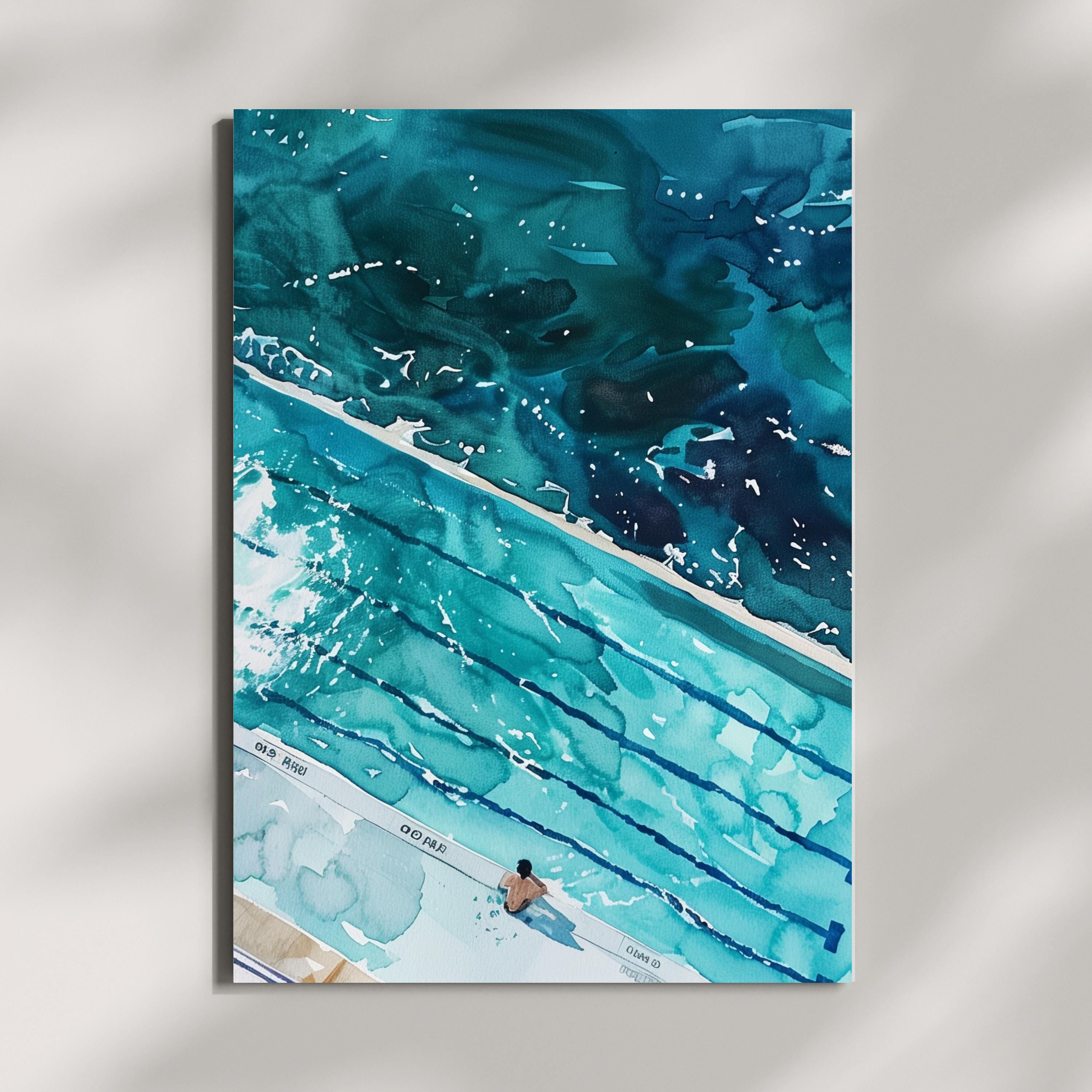 Icebergs Bondi Print – Aerial Watercolor Ocean Pool Artwork | Coastal Wall Art