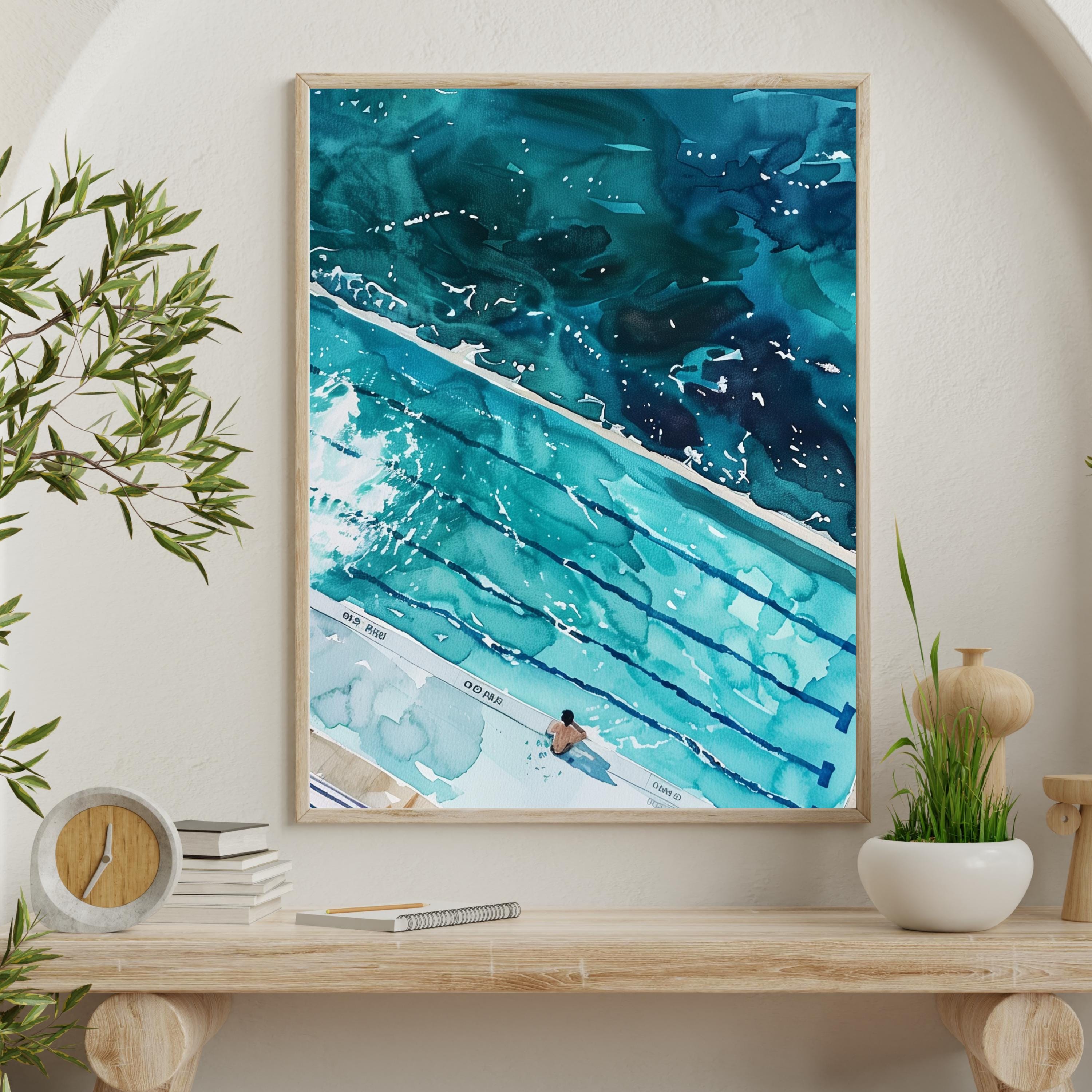 Icebergs Bondi Print – Aerial Watercolor Ocean Pool Artwork | Coastal Wall Art