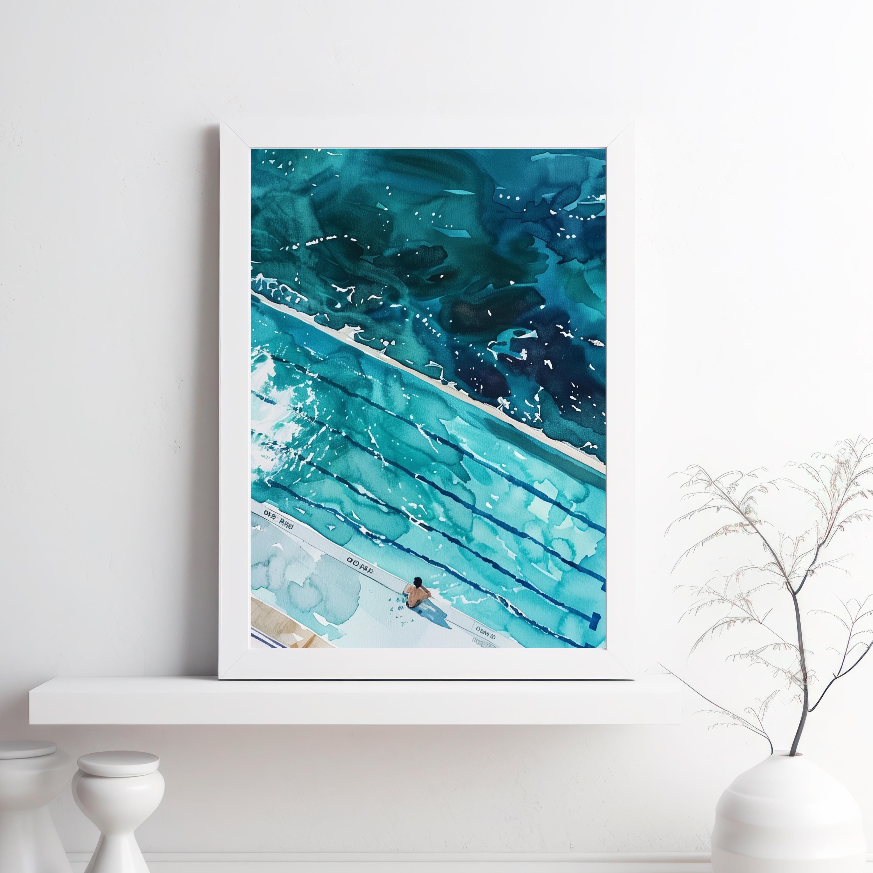 Icebergs Bondi Print – Aerial Watercolor Ocean Pool Artwork | Coastal Wall Art