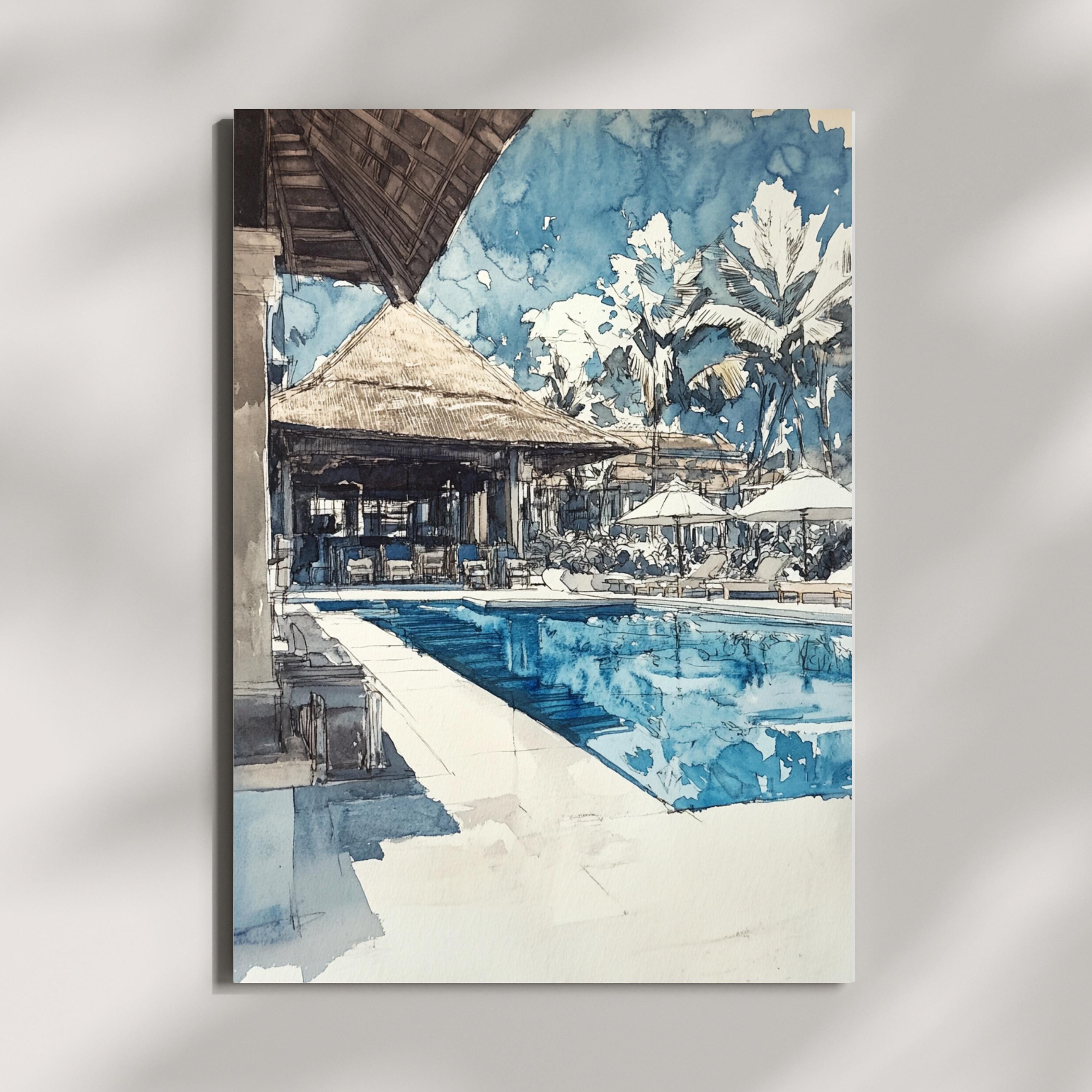 Hand-Sketched Poolside Relaxation Scene | Unfinished Pencil Sketch | Abstract Simple Art| Tranquil Travel-Inspired Art for Home Décor