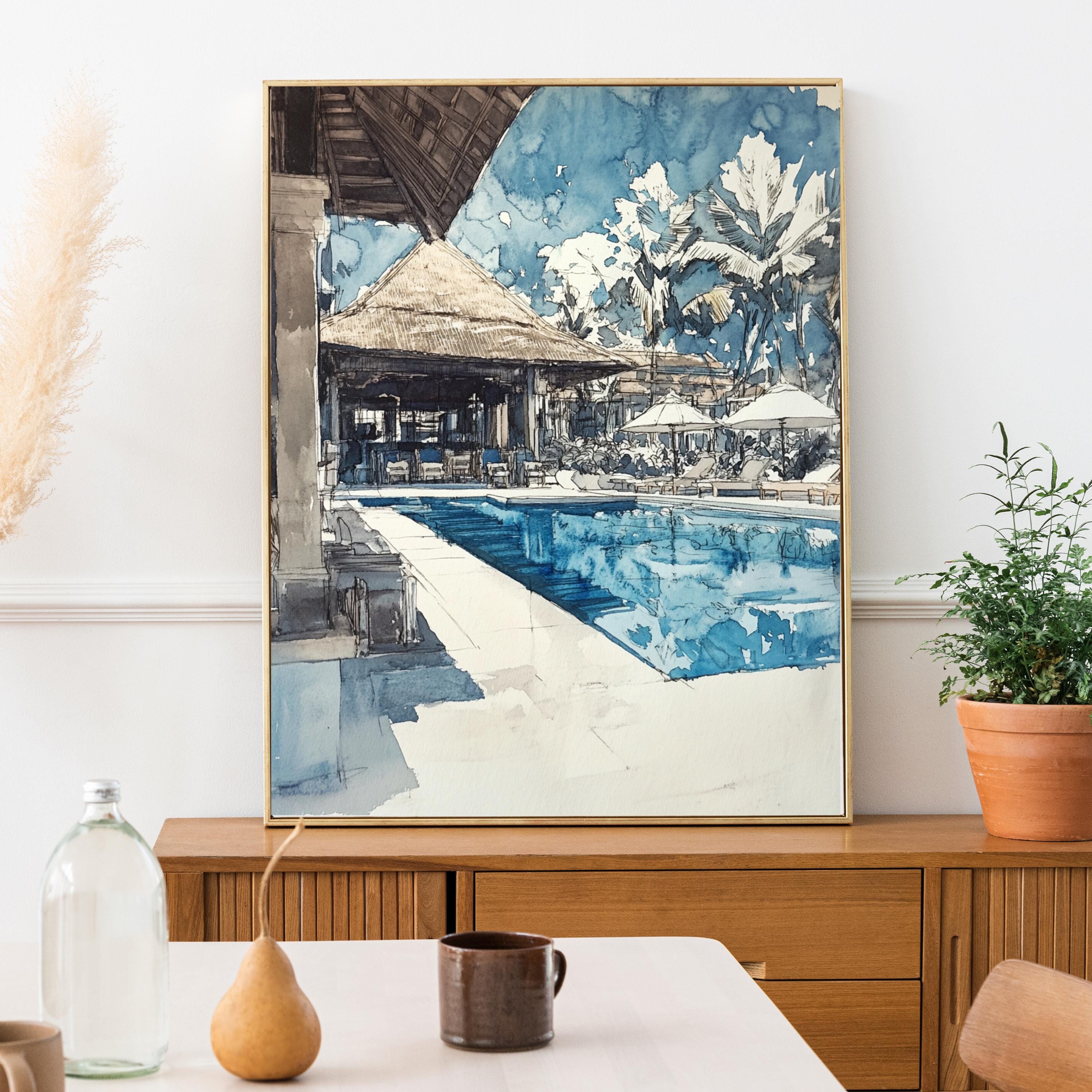 Hand-Sketched Poolside Relaxation Scene | Unfinished Pencil Sketch | Abstract Simple Art| Tranquil Travel-Inspired Art for Home Décor