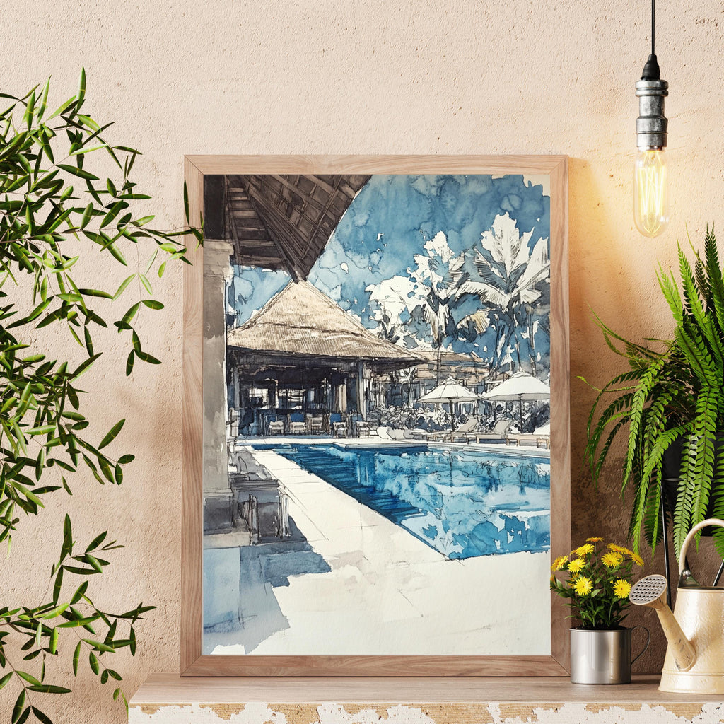 Hand-Sketched Poolside Relaxation Scene | Unfinished Pencil Sketch | Abstract Simple Art| Tranquil Travel-Inspired Art for Home Décor
