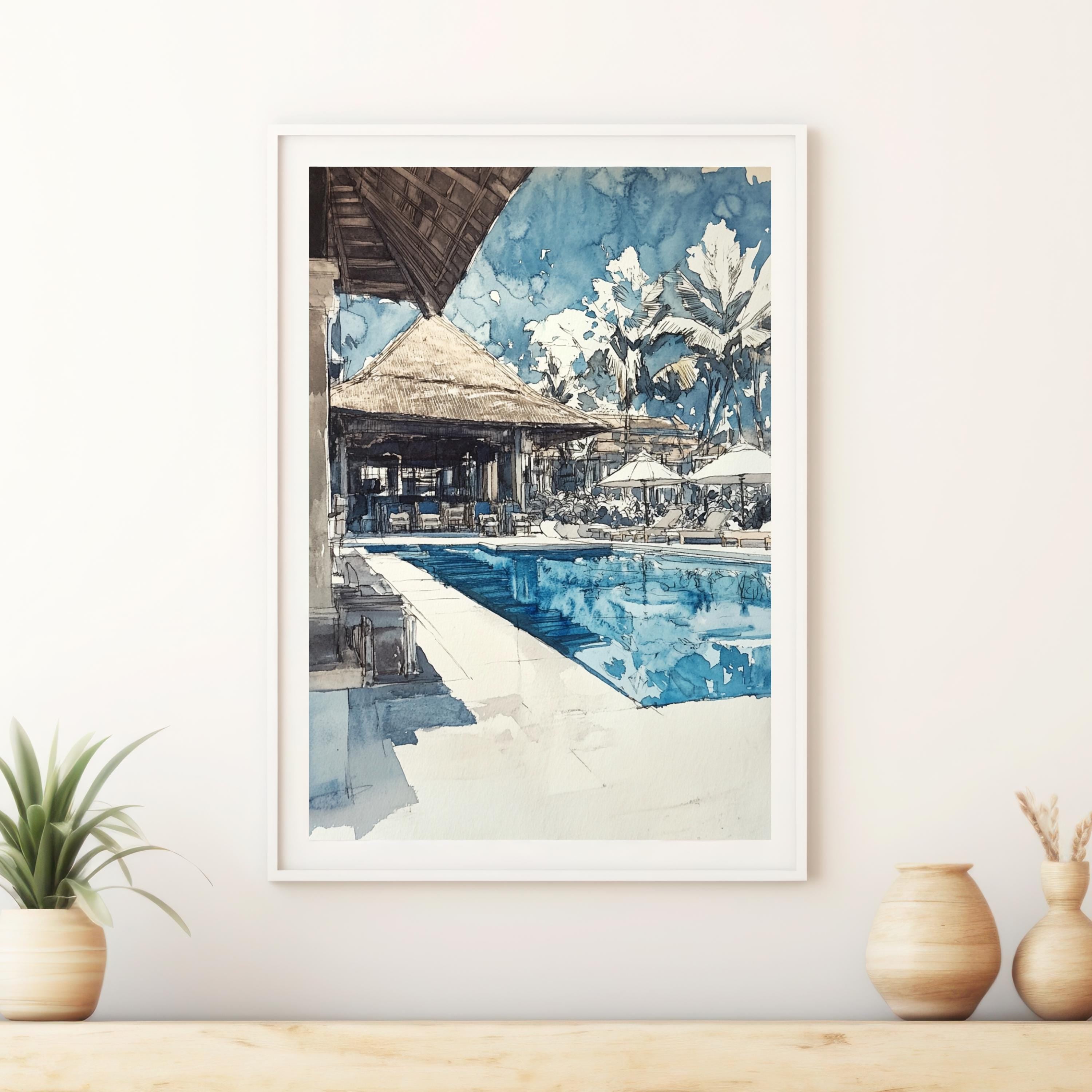 Hand-Sketched Poolside Relaxation Scene | Unfinished Pencil Sketch | Abstract Simple Art| Tranquil Travel-Inspired Art for Home Décor