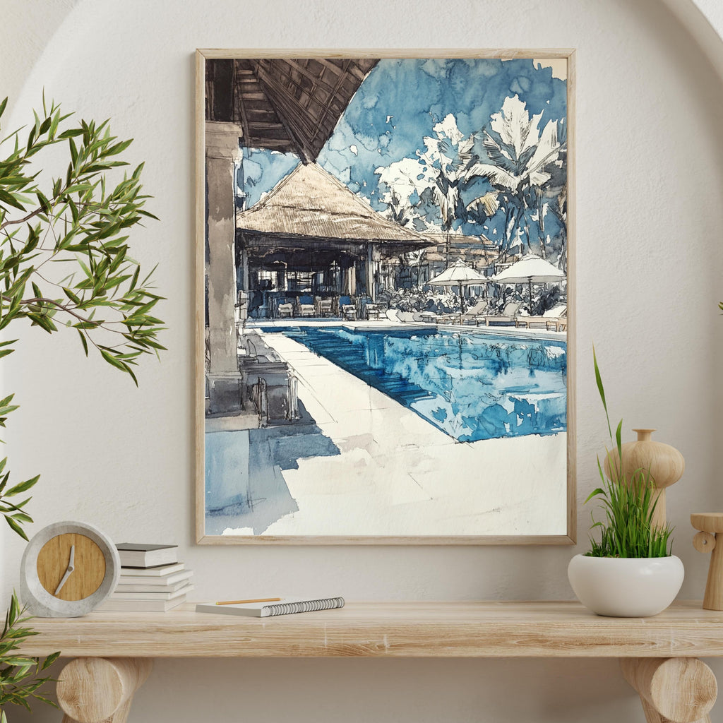 Hand-Sketched Poolside Relaxation Scene | Unfinished Pencil Sketch | Abstract Simple Art| Tranquil Travel-Inspired Art for Home Décor