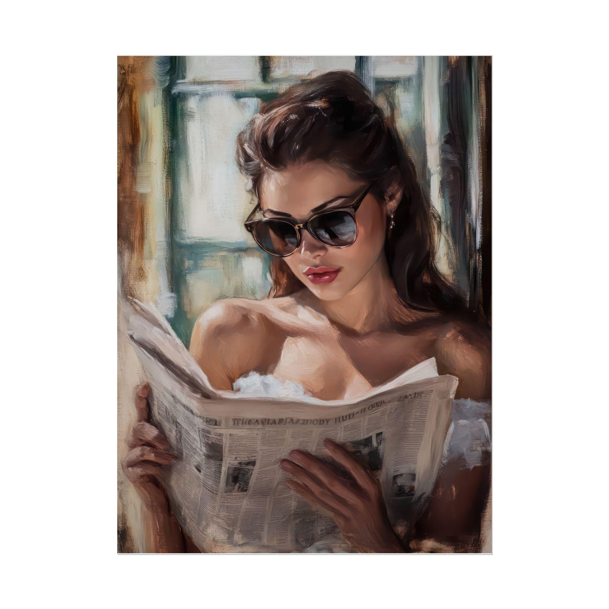 Vintage Oil Painting Print – Elegant Woman Reading Newspaper – 50s Inspired Wall Art, Feminine Retro Decor, Classic Glamour Portrait