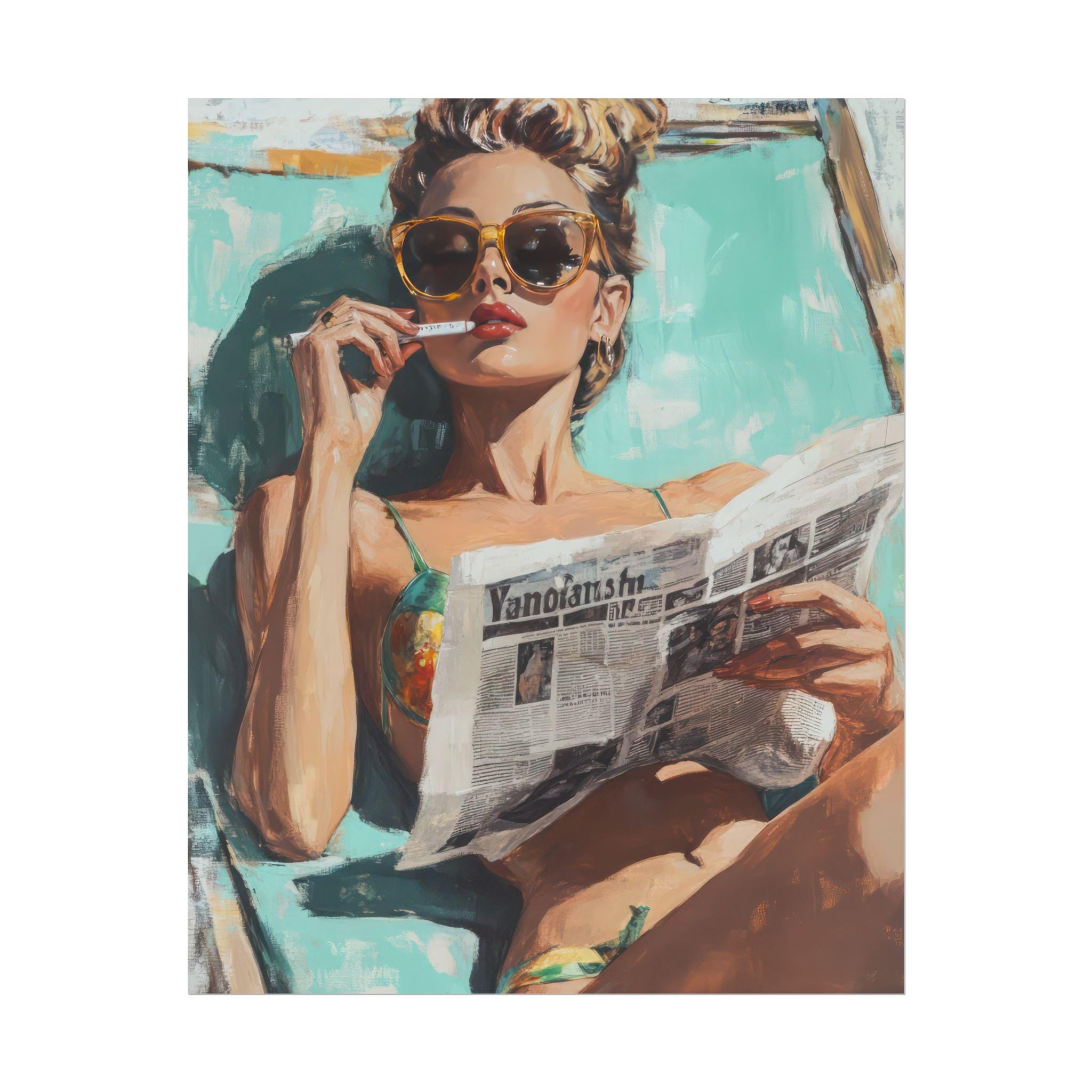 Retro Beach Babe Art Print – 50s Inspired Glamour Woman Reading Newspaper – Vintage Poolside Wall Art, Bold Feminine Decor