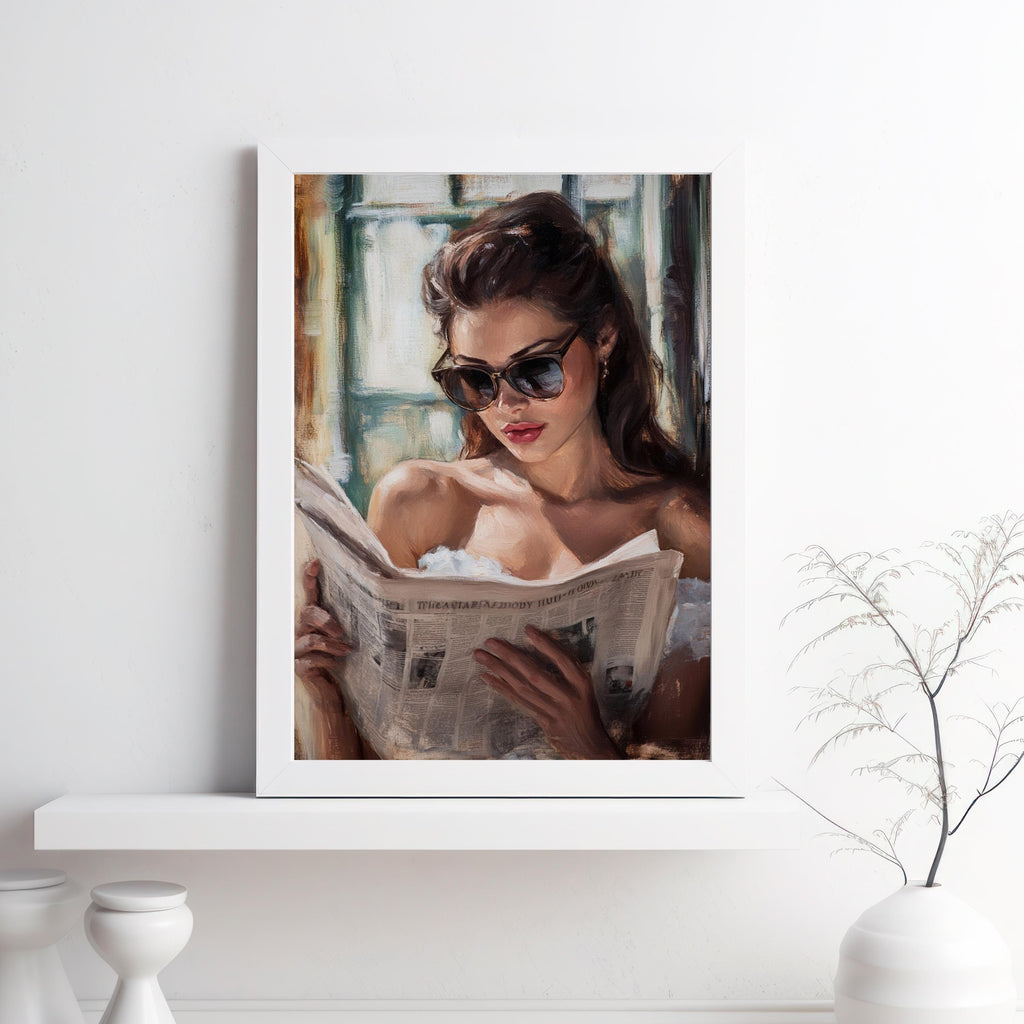Vintage Oil Painting Print – Elegant Woman Reading Newspaper – 50s Inspired Wall Art, Feminine Retro Decor, Classic Glamour Portrait