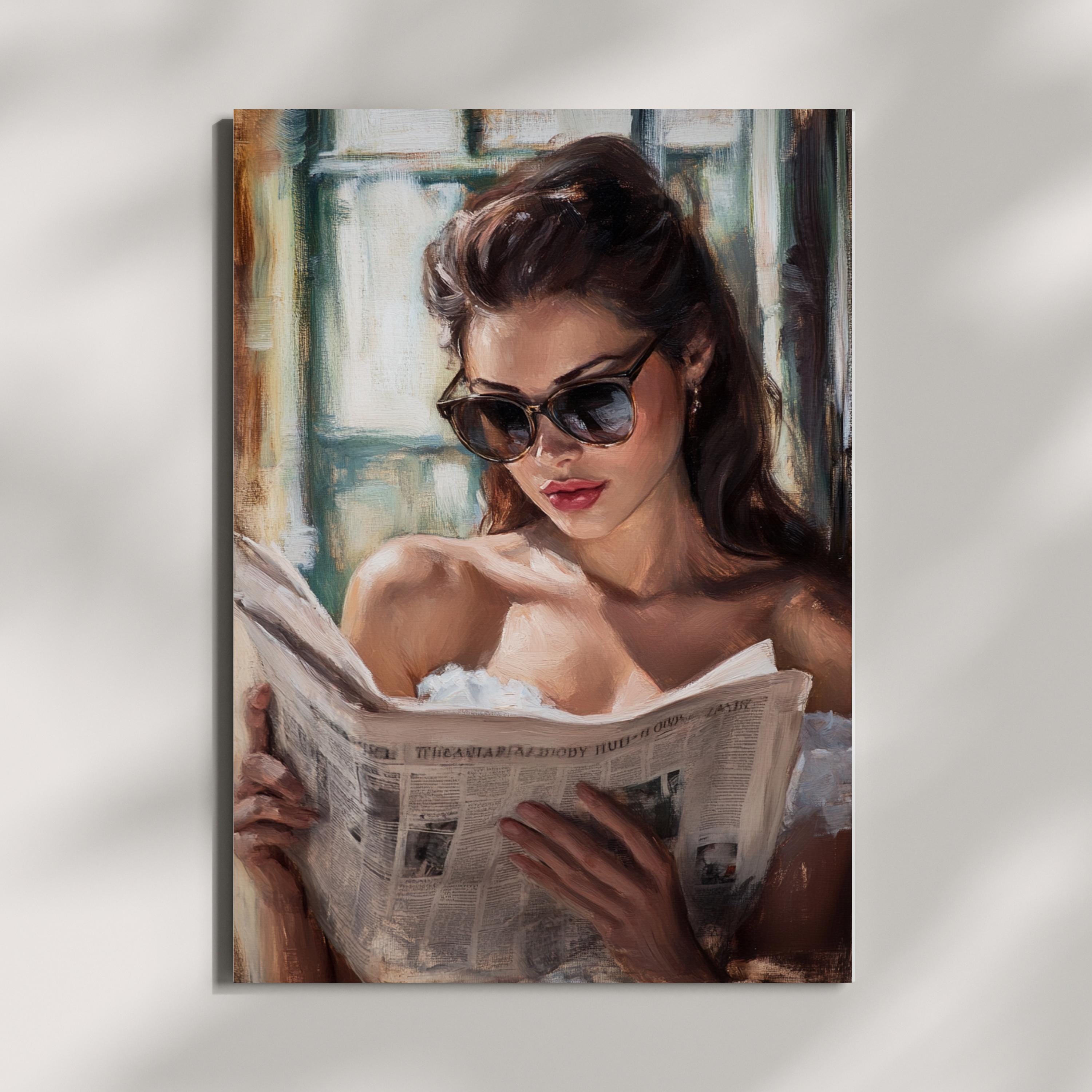 Vintage Oil Painting Print – Elegant Woman Reading Newspaper – 50s Inspired Wall Art, Feminine Retro Decor, Classic Glamour Portrait