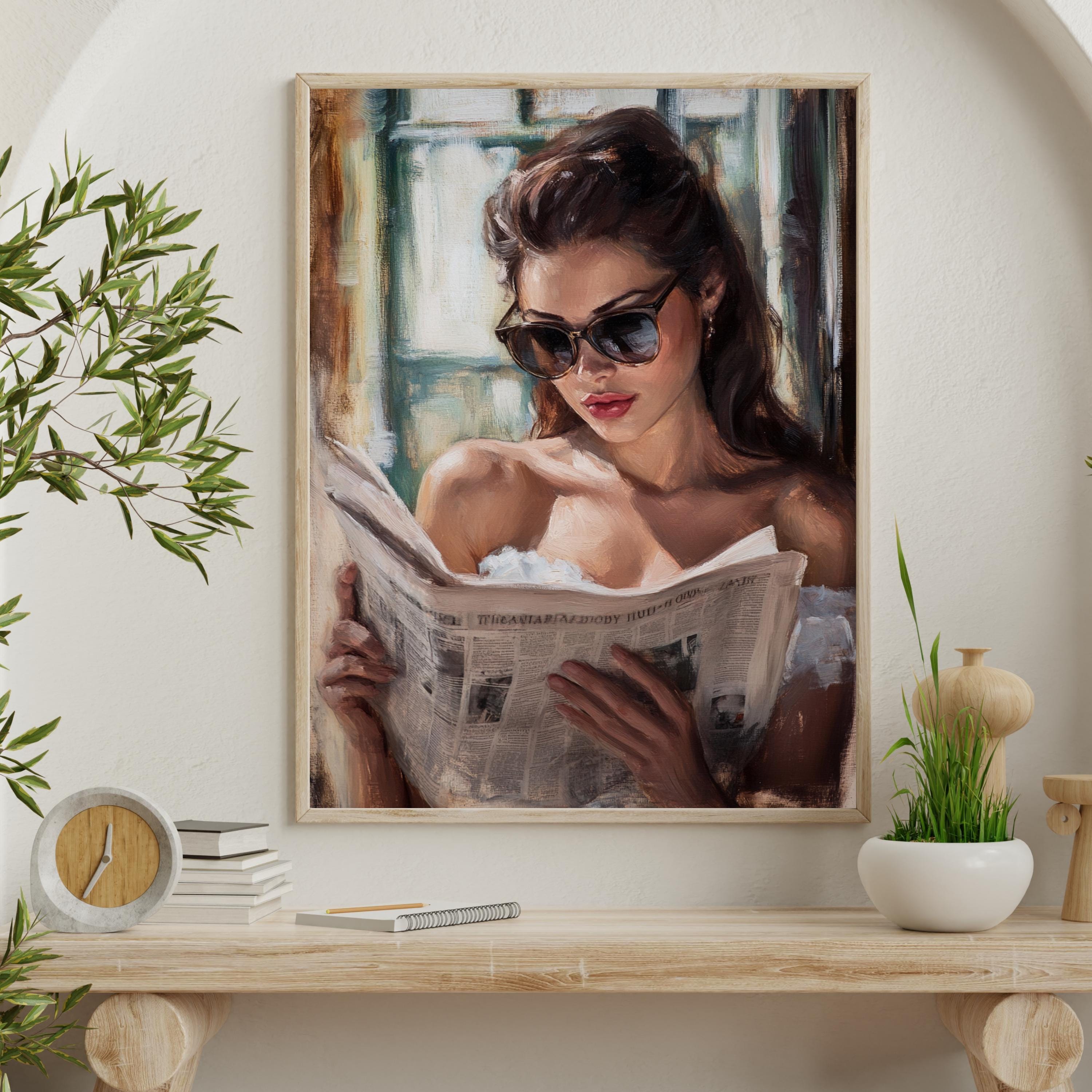 Vintage Oil Painting Print – Elegant Woman Reading Newspaper – 50s Inspired Wall Art, Feminine Retro Decor, Classic Glamour Portrait