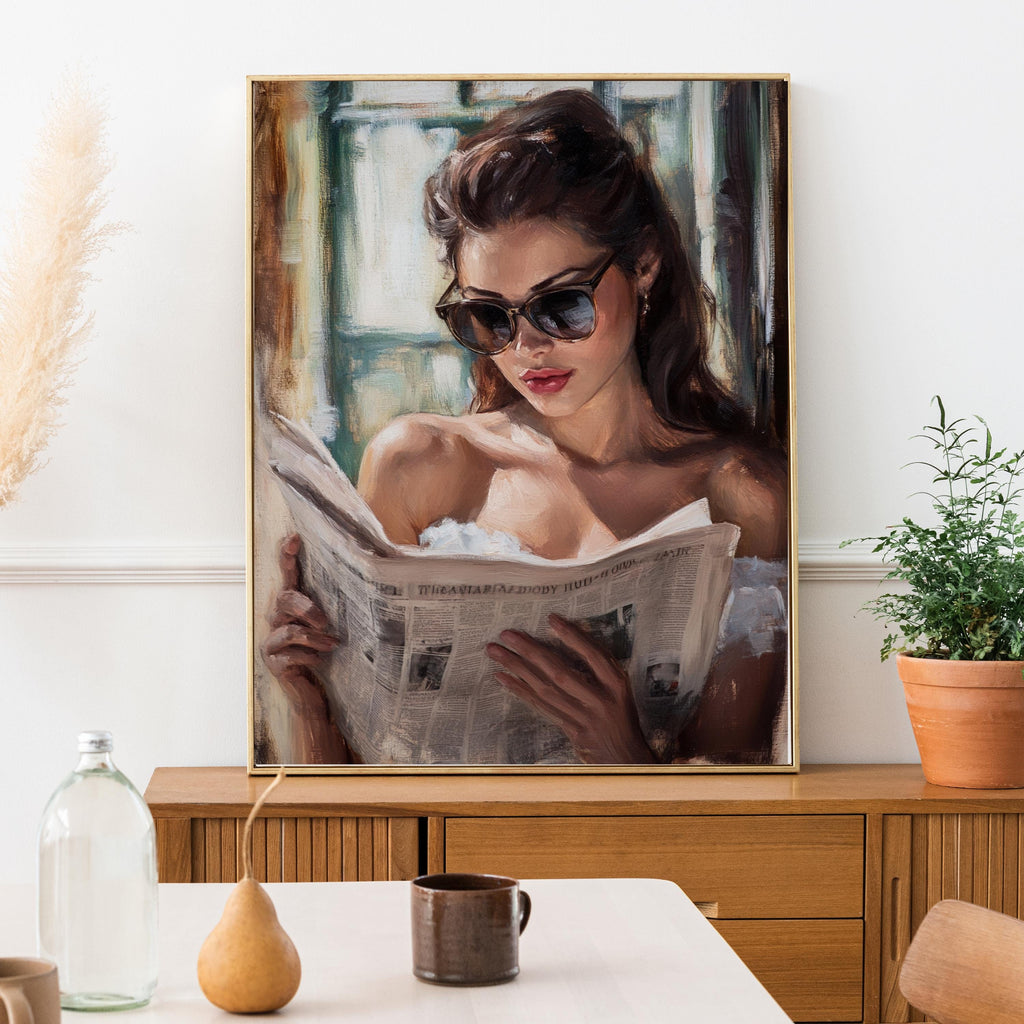 Vintage Oil Painting Print – Elegant Woman Reading Newspaper – 50s Inspired Wall Art, Feminine Retro Decor, Classic Glamour Portrait