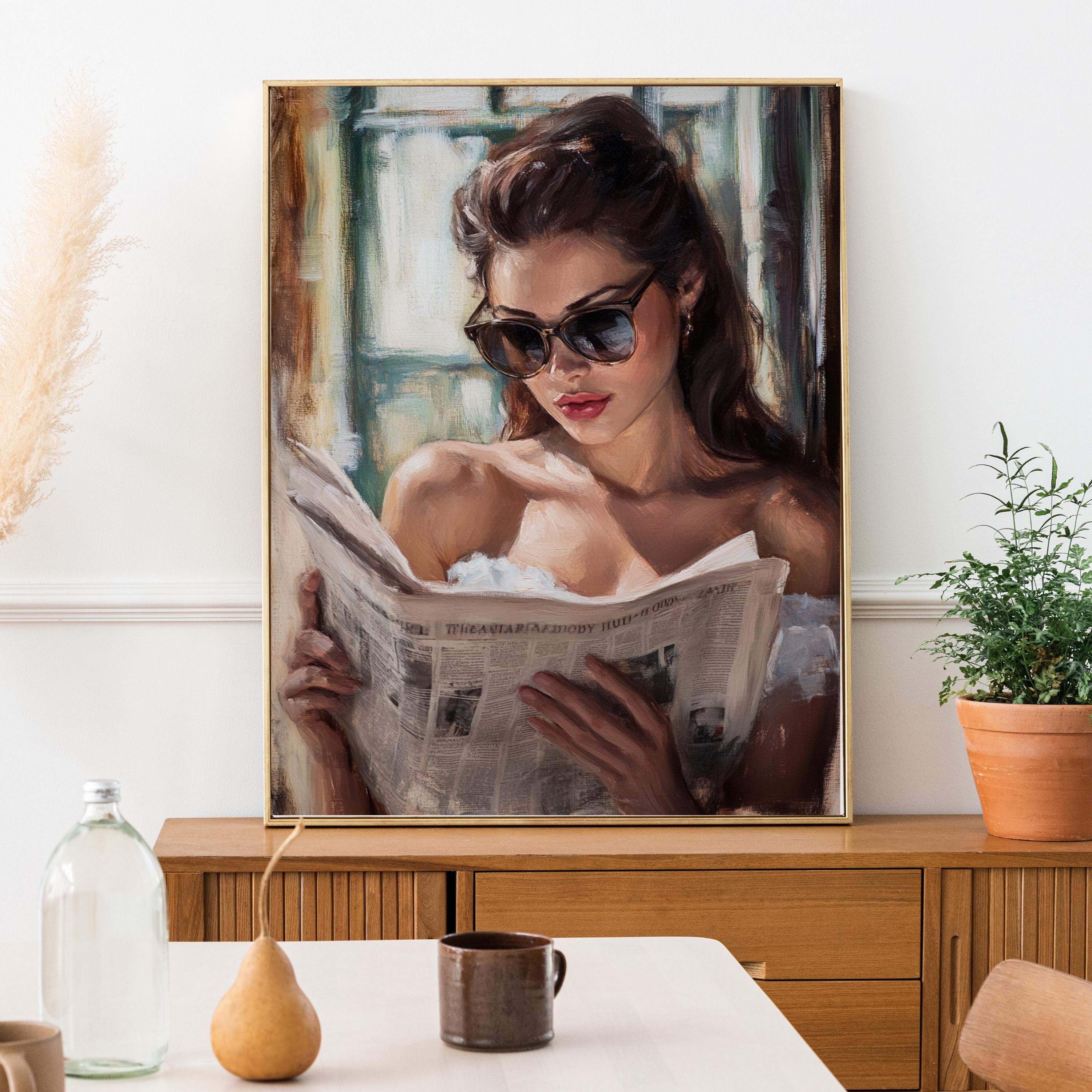 Vintage Oil Painting Print – Elegant Woman Reading Newspaper – 50s Inspired Wall Art, Feminine Retro Decor, Classic Glamour Portrait