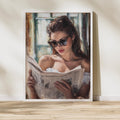 Vintage Oil Painting Print – Elegant Woman Reading Newspaper – 50s Inspired Wall Art, Feminine Retro Decor, Classic Glamour Portrait