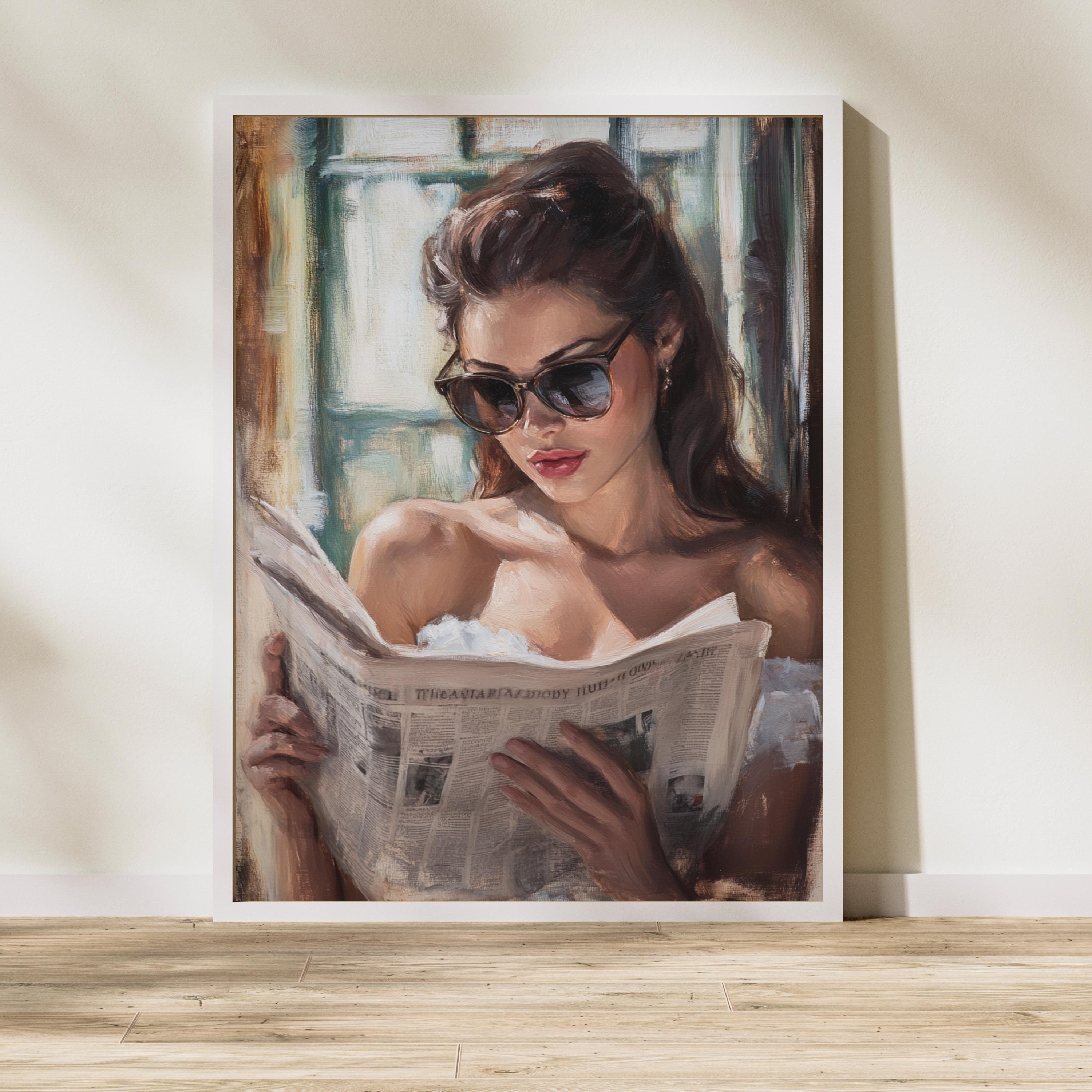 Vintage Oil Painting Print – Elegant Woman Reading Newspaper – 50s Inspired Wall Art, Feminine Retro Decor, Classic Glamour Portrait