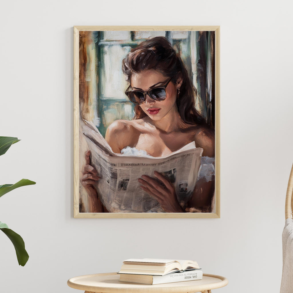 Vintage Oil Painting Print – Elegant Woman Reading Newspaper – 50s Inspired Wall Art, Feminine Retro Decor, Classic Glamour Portrait