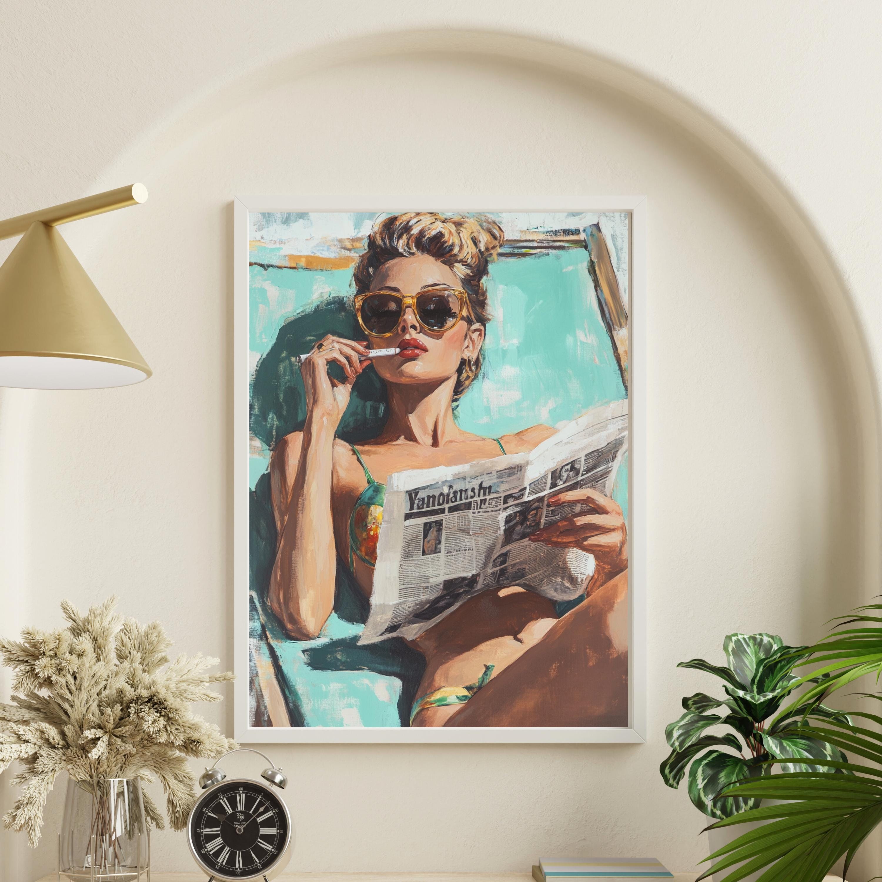 Retro Beach Babe Art Print – 50s Inspired Glamour Woman Reading Newspaper – Vintage Poolside Wall Art, Bold Feminine Decor