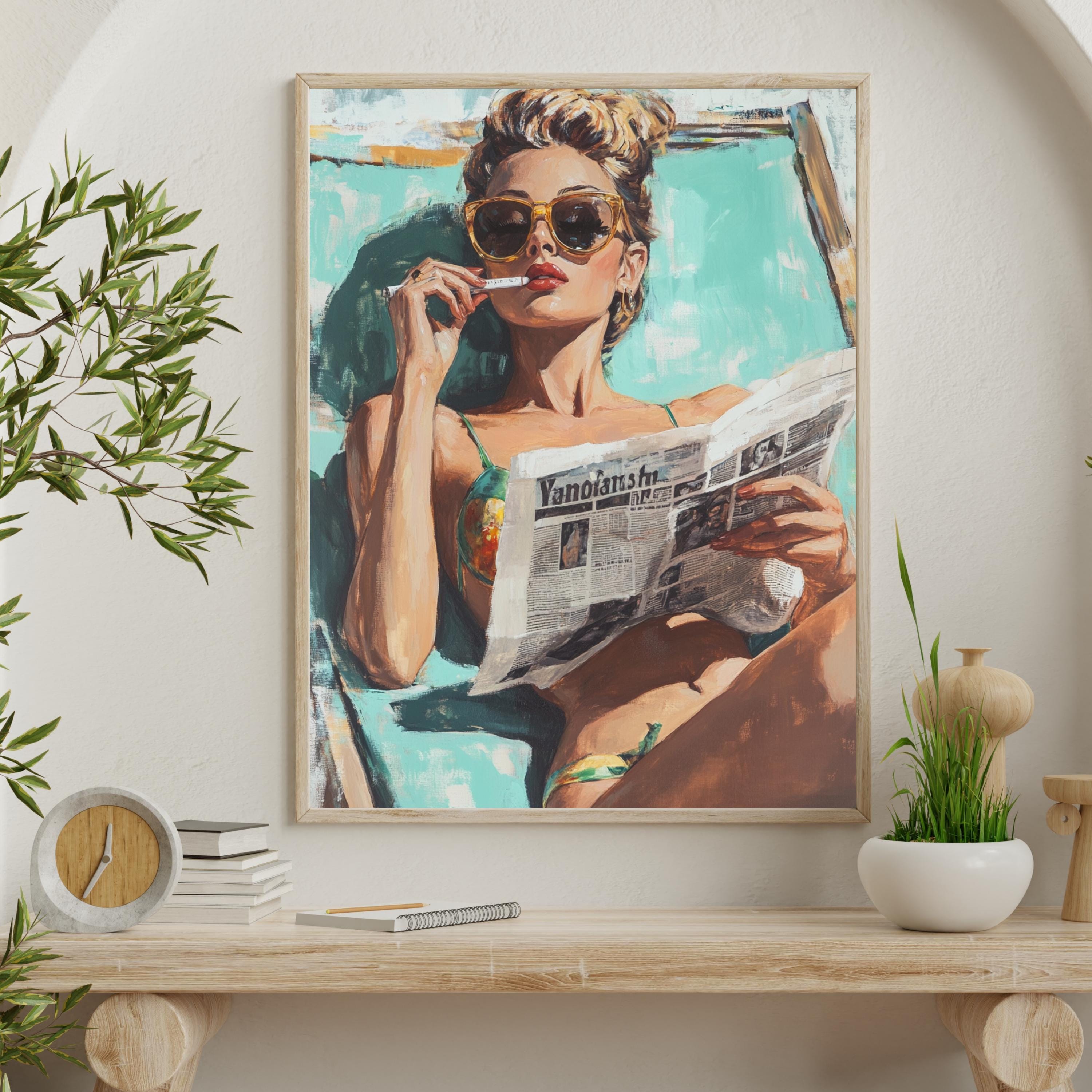 Retro Beach Babe Art Print – 50s Inspired Glamour Woman Reading Newspaper – Vintage Poolside Wall Art, Bold Feminine Decor