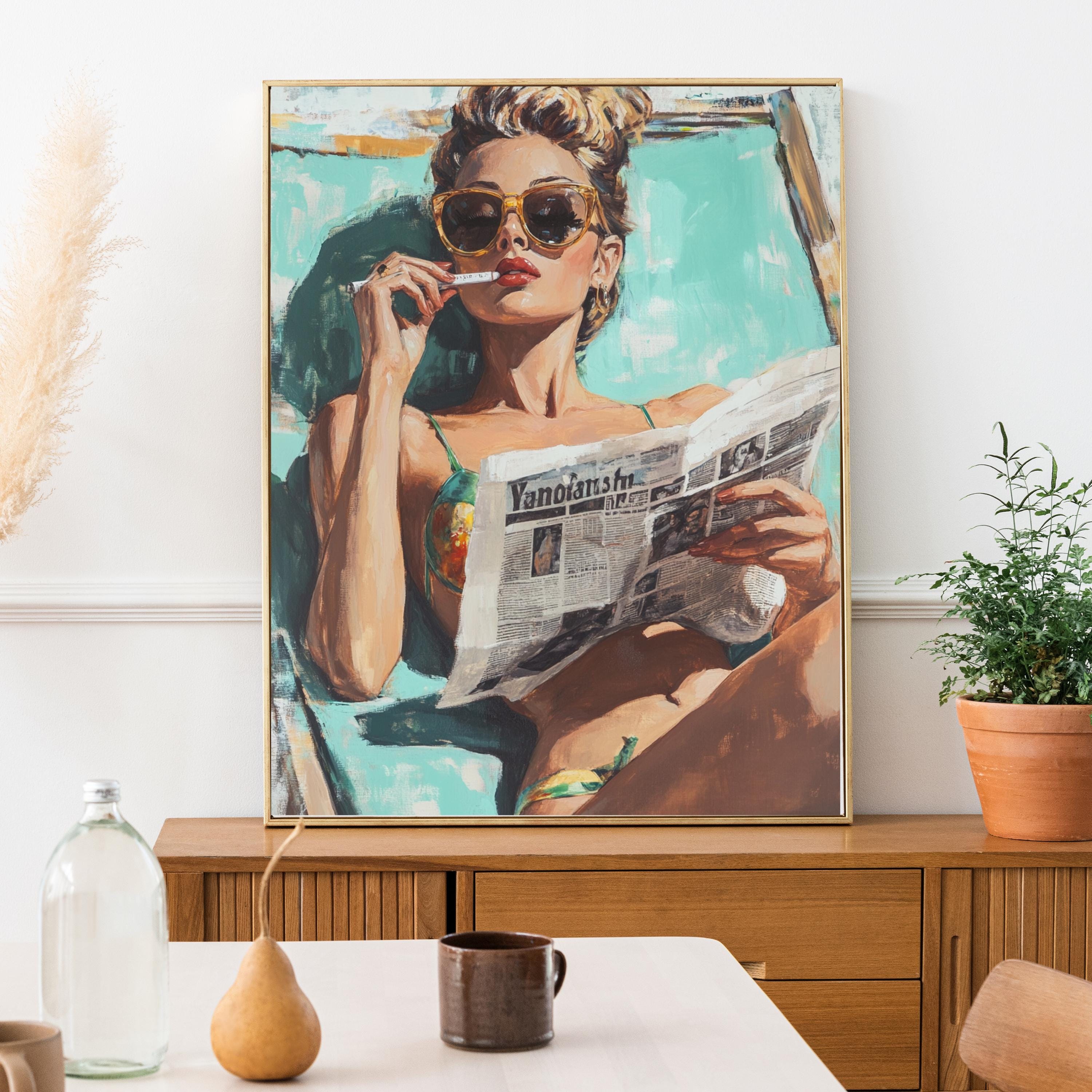 Retro Beach Babe Art Print – 50s Inspired Glamour Woman Reading Newspaper – Vintage Poolside Wall Art, Bold Feminine Decor