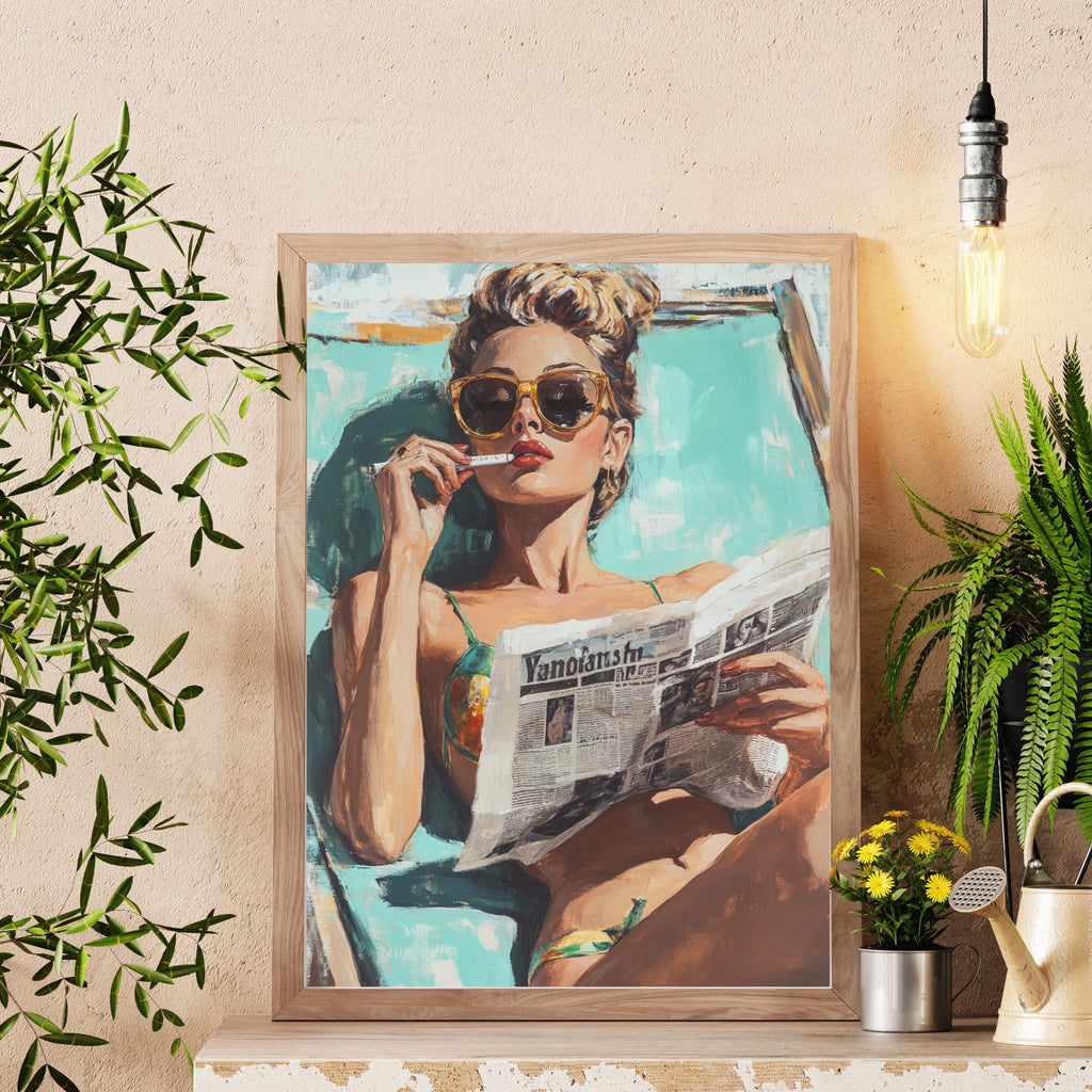 Retro Beach Babe Art Print – 50s Inspired Glamour Woman Reading Newspaper – Vintage Poolside Wall Art, Bold Feminine Decor