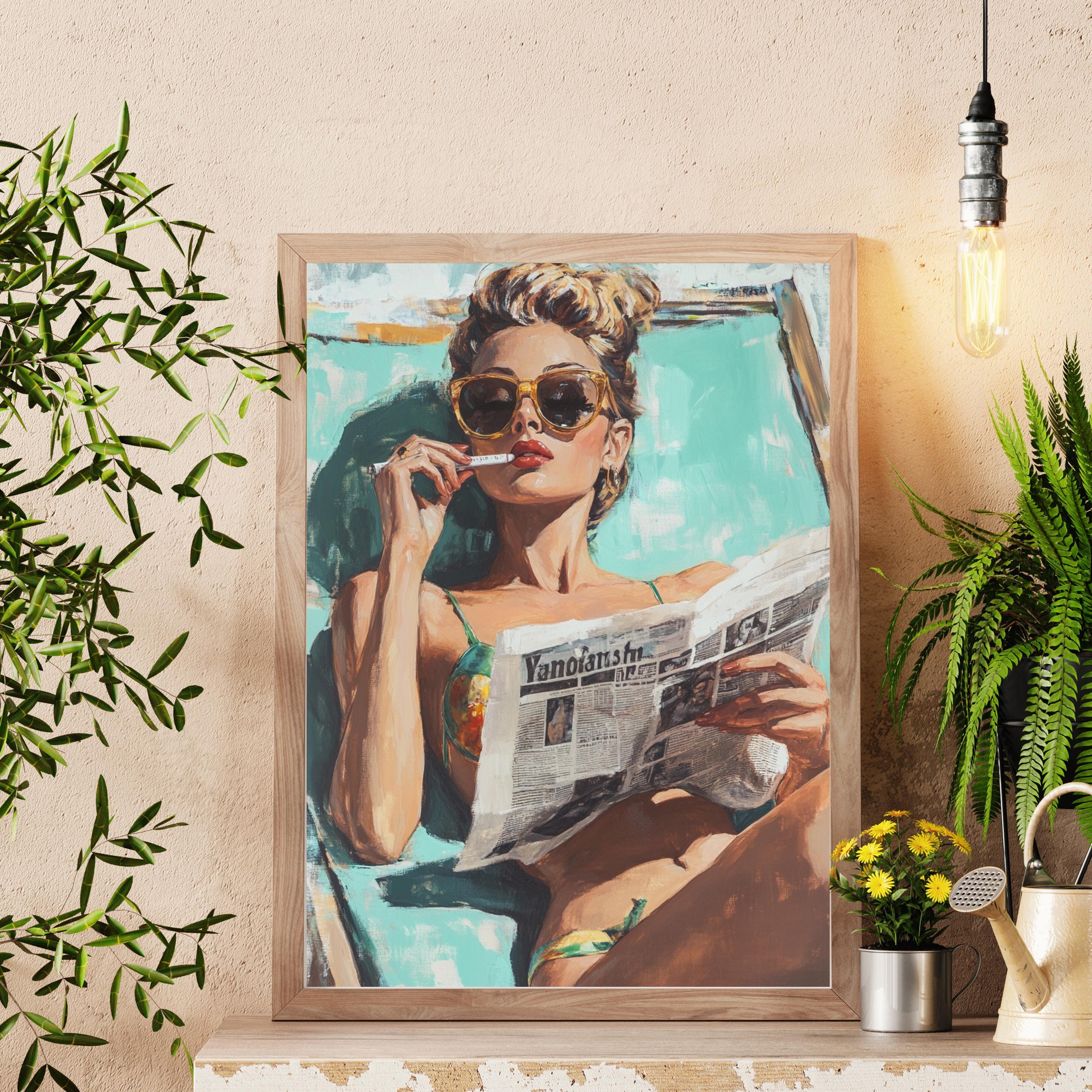 Retro Beach Babe Art Print – 50s Inspired Glamour Woman Reading Newspaper – Vintage Poolside Wall Art, Bold Feminine Decor