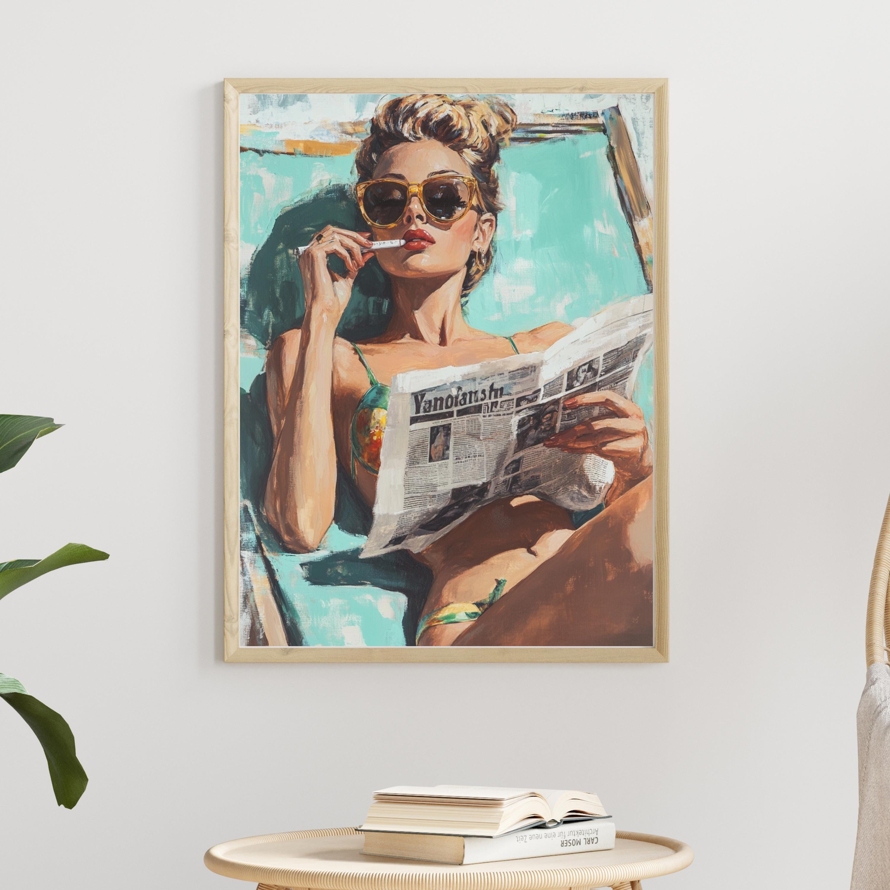 Retro Beach Babe Art Print – 50s Inspired Glamour Woman Reading Newspaper – Vintage Poolside Wall Art, Bold Feminine Decor