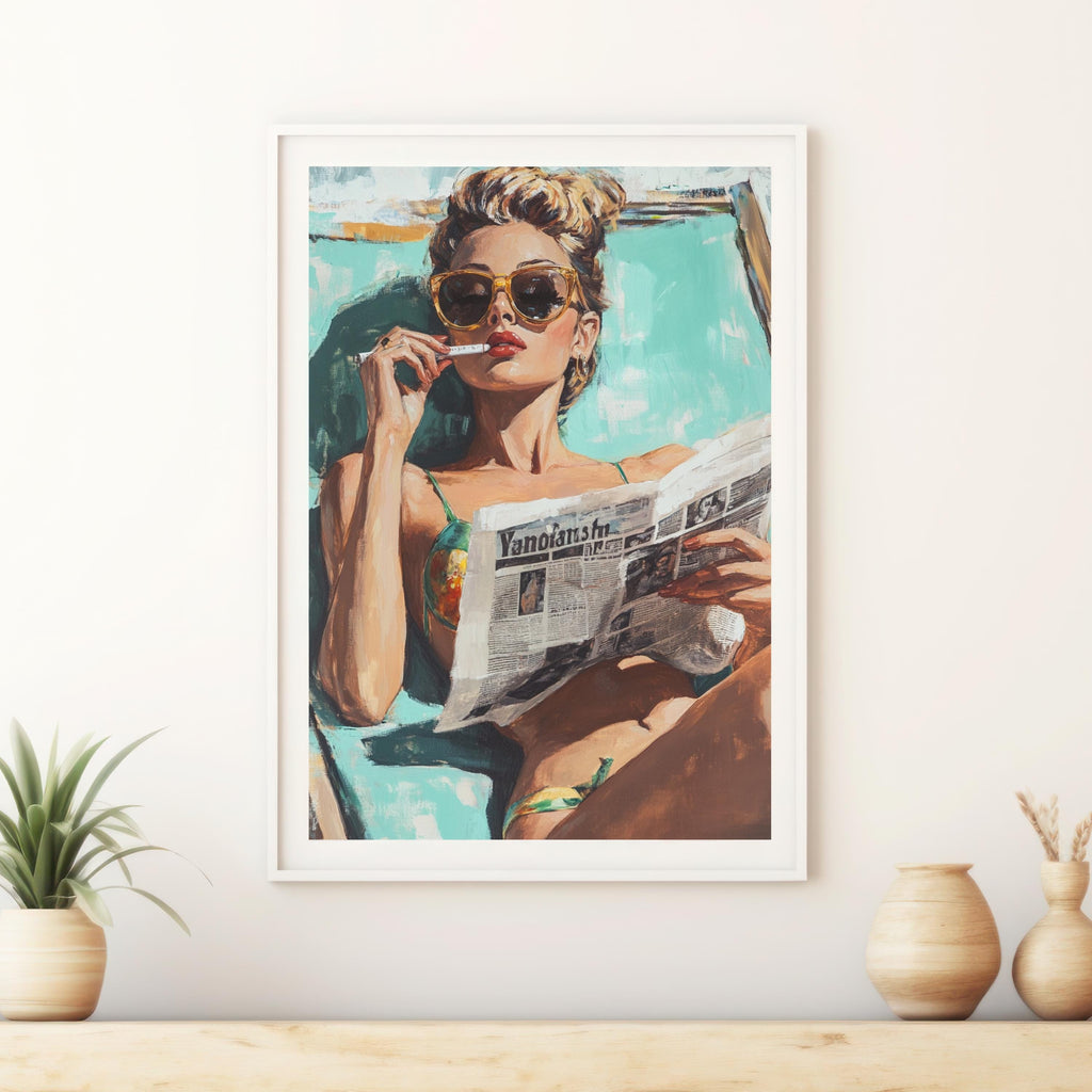 Retro Beach Babe Art Print – 50s Inspired Glamour Woman Reading Newspaper – Vintage Poolside Wall Art, Bold Feminine Decor