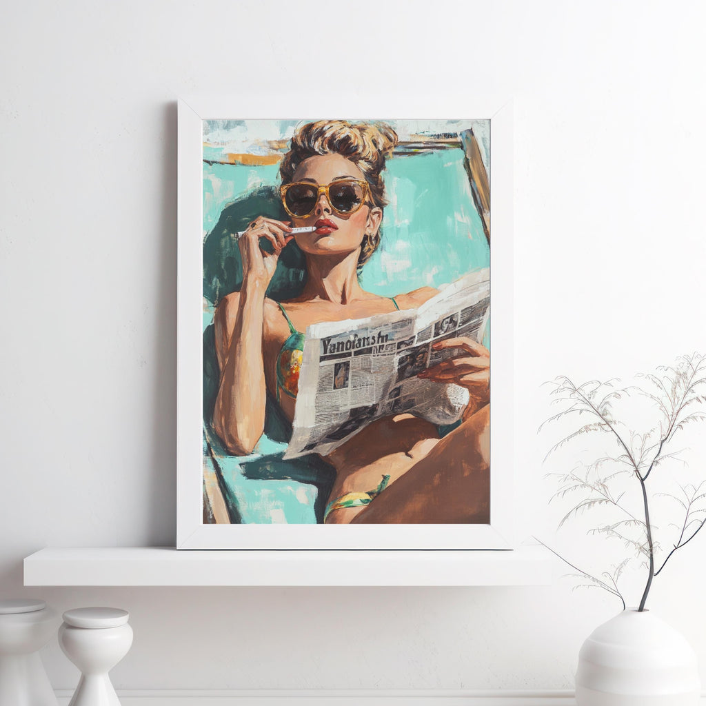 Retro Beach Babe Art Print – 50s Inspired Glamour Woman Reading Newspaper – Vintage Poolside Wall Art, Bold Feminine Decor