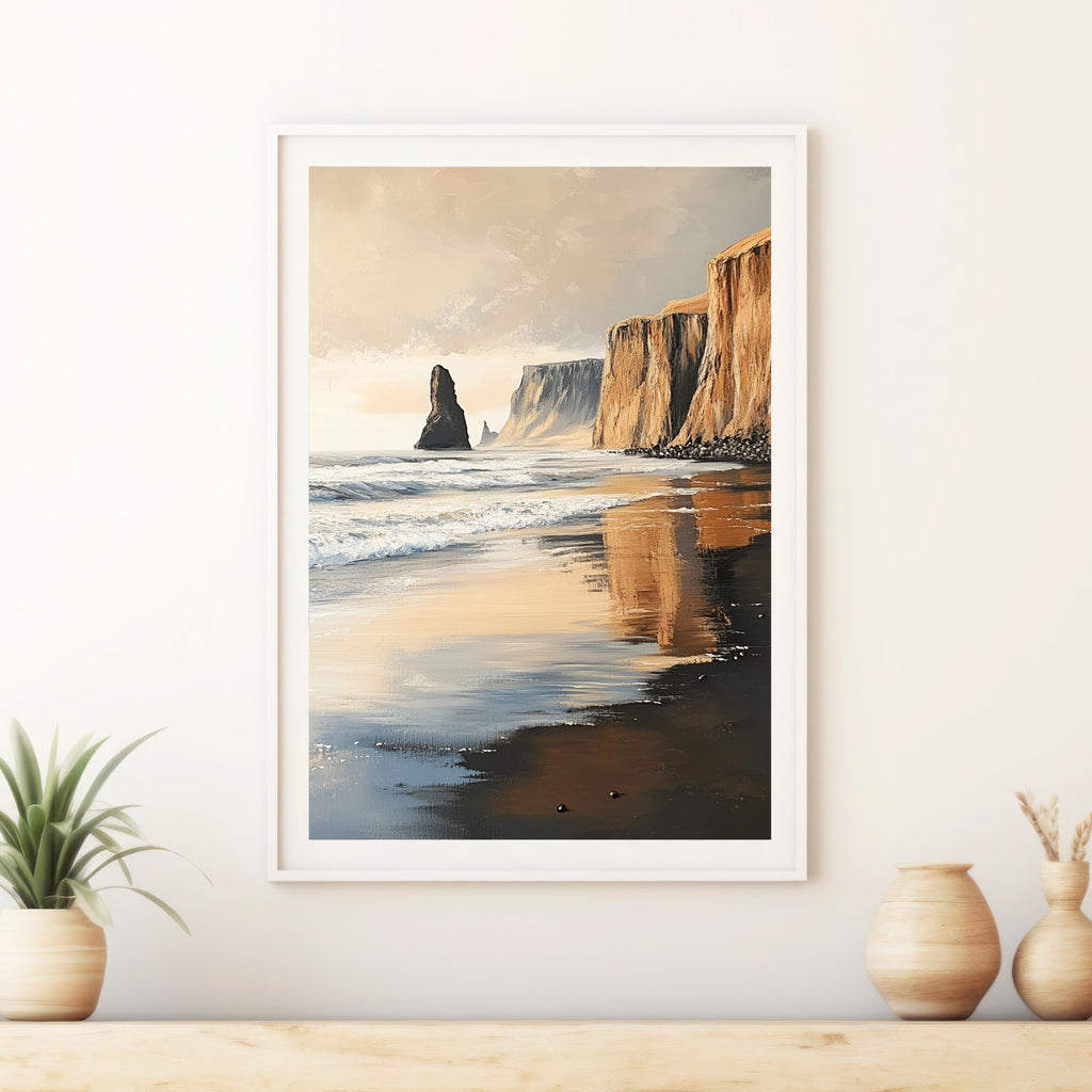 Reynisfjara Black Sand Beach, Iceland – Textured Beige Palette Knife Oil Painting – Venetian Beige Coastal Wall Art Print