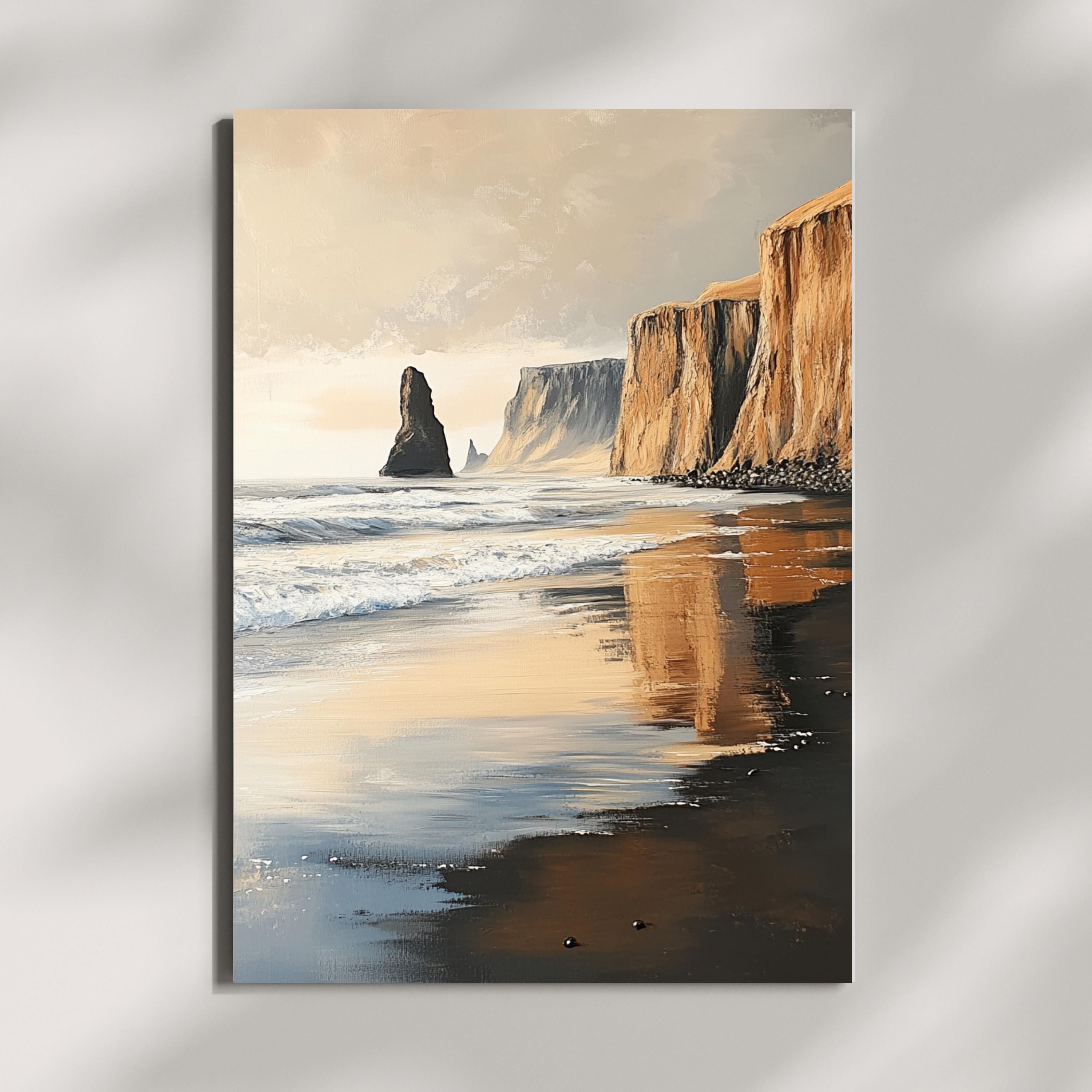 Reynisfjara Black Sand Beach, Iceland – Textured Beige Palette Knife Oil Painting – Venetian Beige Coastal Wall Art Print