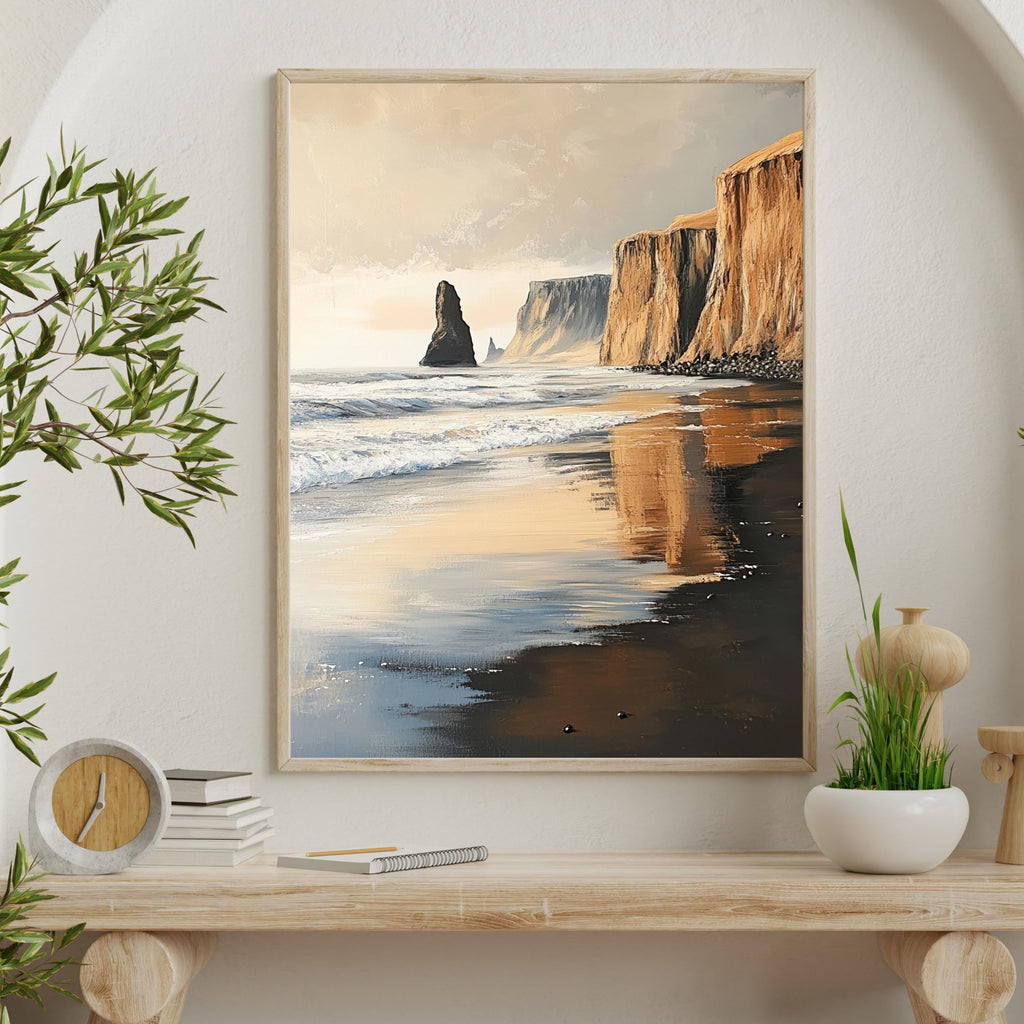 Reynisfjara Black Sand Beach, Iceland – Textured Beige Palette Knife Oil Painting – Venetian Beige Coastal Wall Art Print