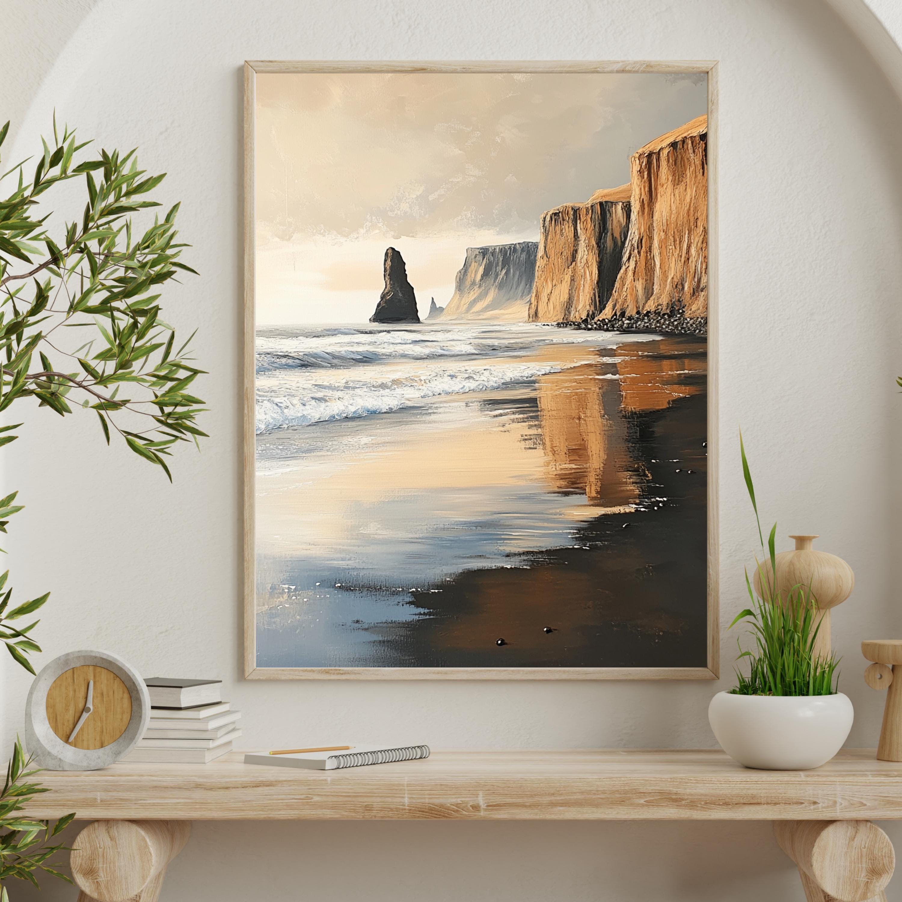 Reynisfjara Black Sand Beach, Iceland – Textured Beige Palette Knife Oil Painting – Venetian Beige Coastal Wall Art Print