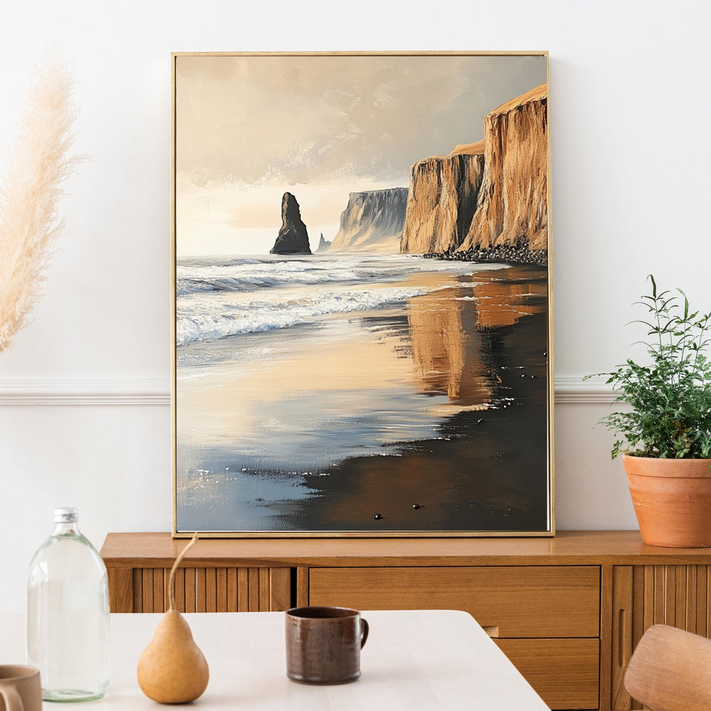 Reynisfjara Black Sand Beach, Iceland – Textured Beige Palette Knife Oil Painting – Venetian Beige Coastal Wall Art Print