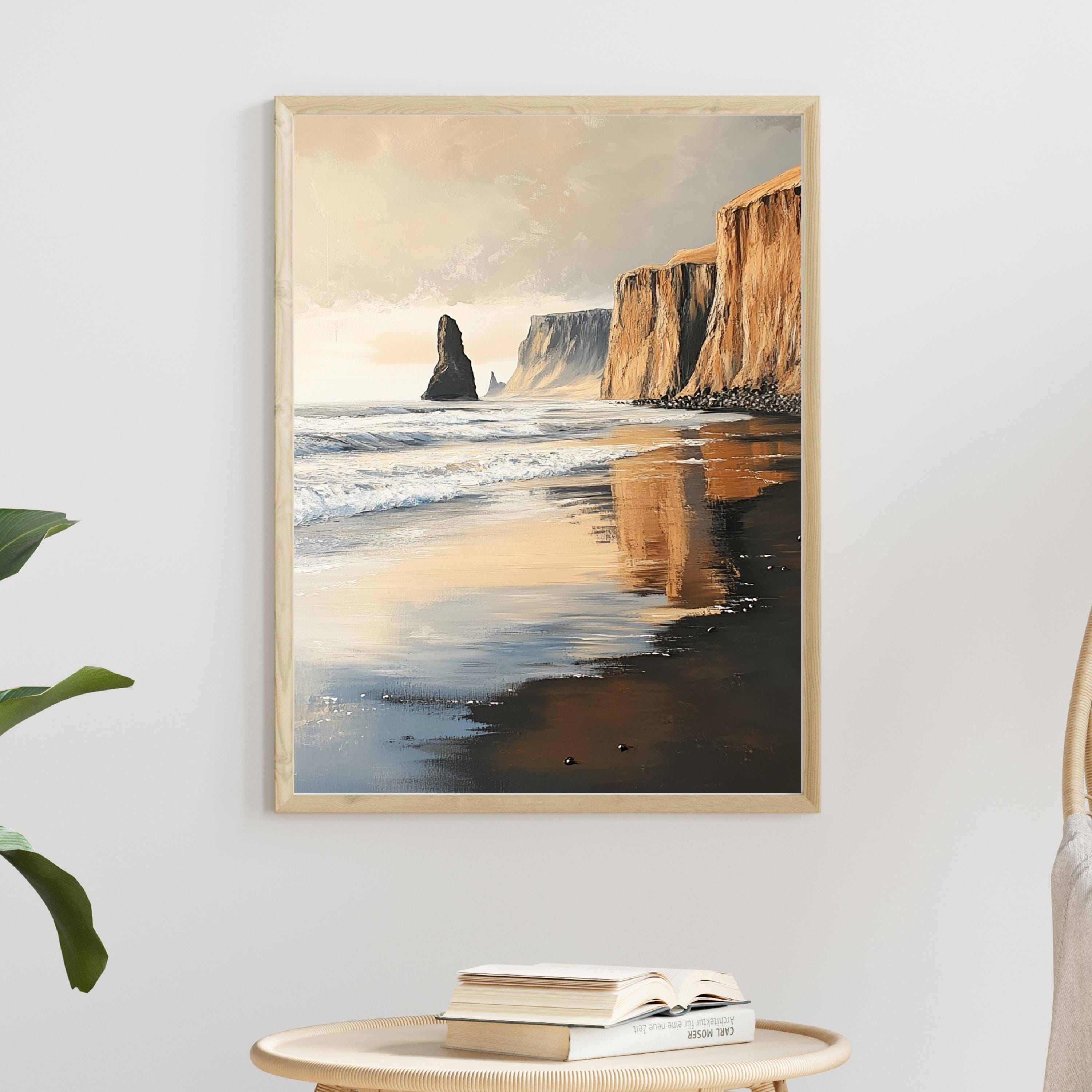 Reynisfjara Black Sand Beach, Iceland – Textured Beige Palette Knife Oil Painting – Venetian Beige Coastal Wall Art Print