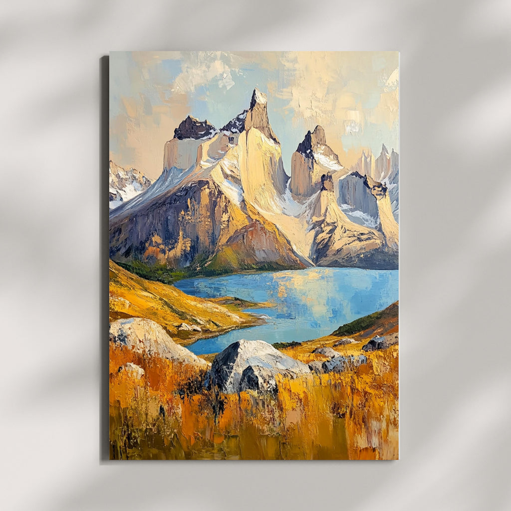 Torres del Paine Chile Wall Art – Beige Palette Knife Oil Painting – Patagonian Mountain Landscape Print