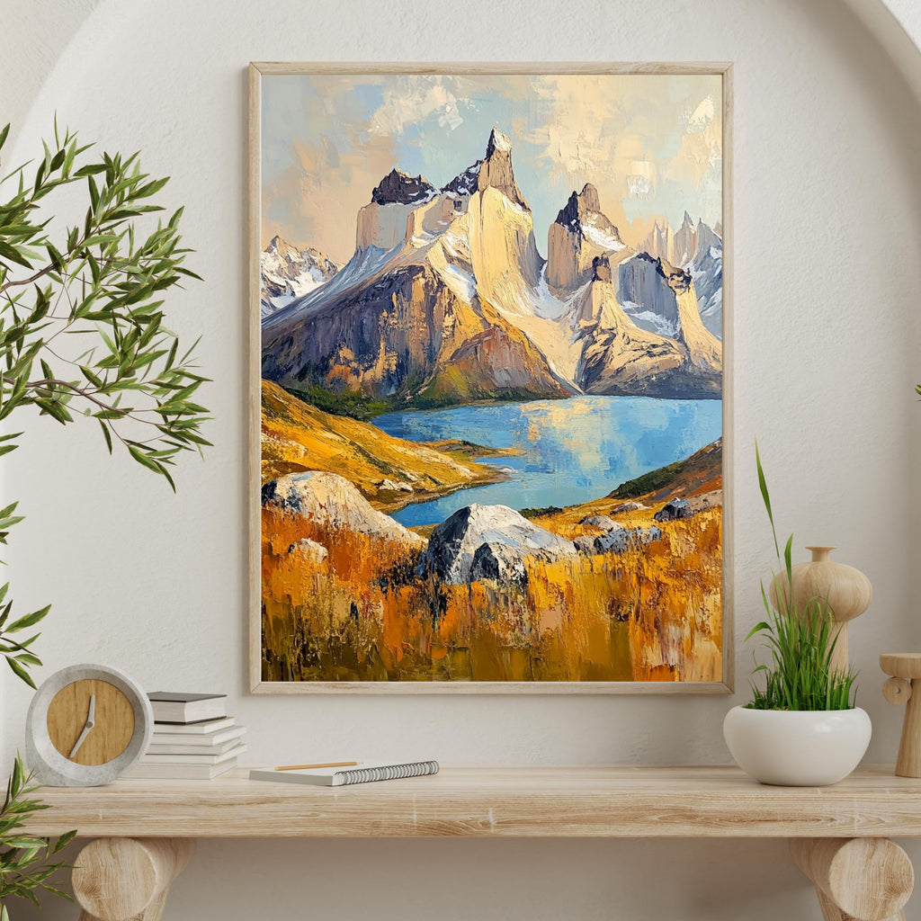Torres del Paine Chile Wall Art – Beige Palette Knife Oil Painting – Patagonian Mountain Landscape Print