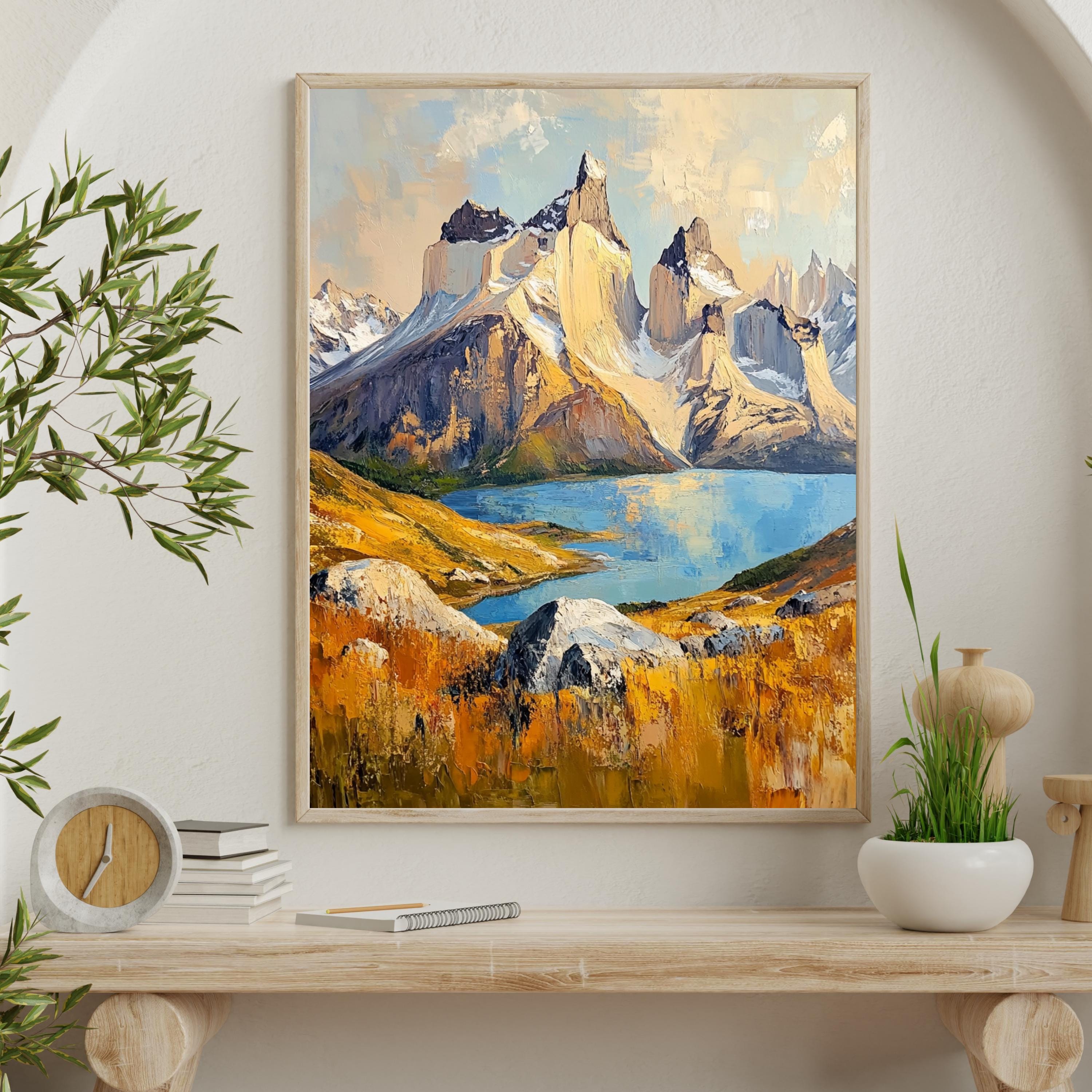 Torres del Paine Chile Wall Art – Beige Palette Knife Oil Painting – Patagonian Mountain Landscape Print